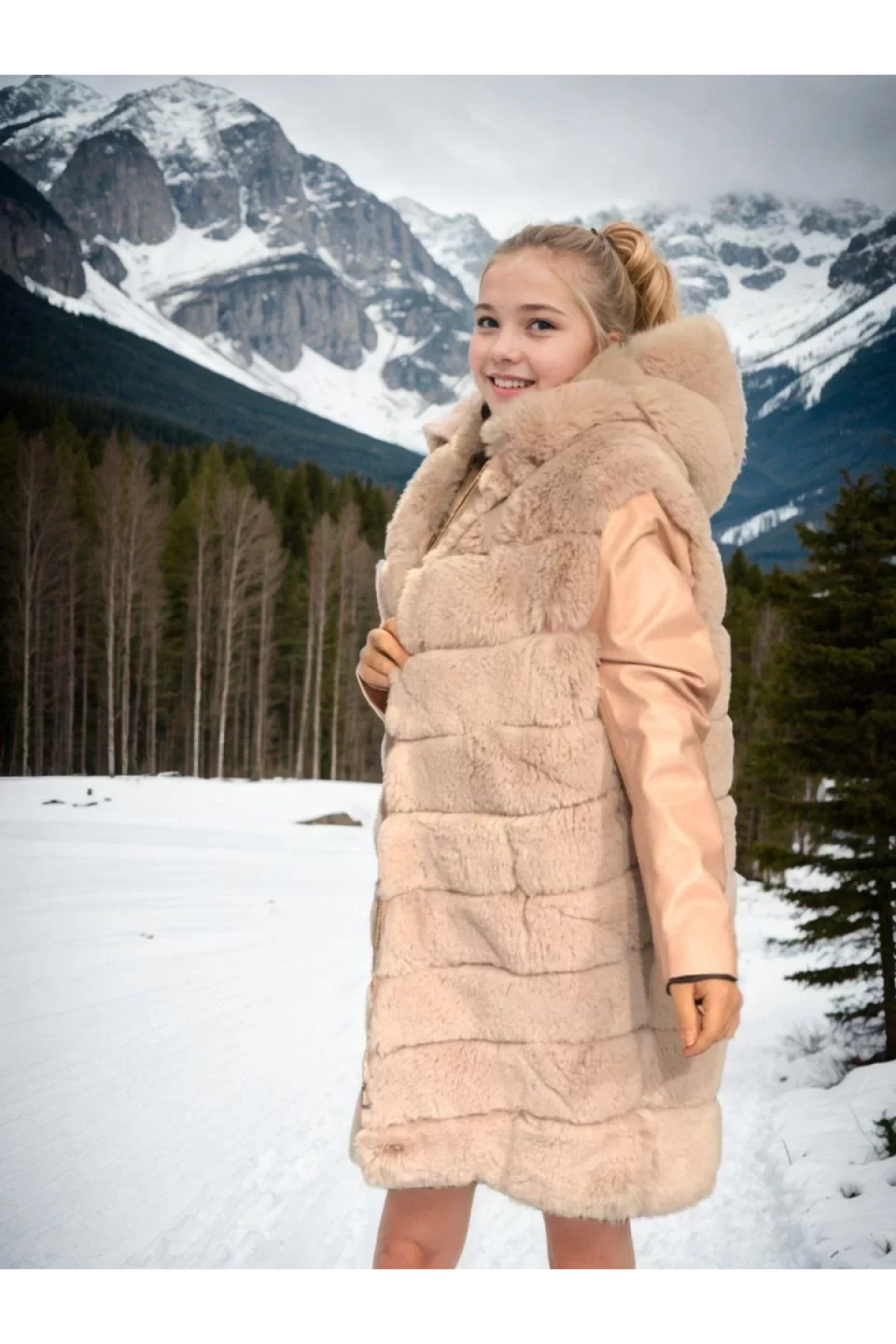 Kadın Suni Kürk Hakiki Deri - Somon