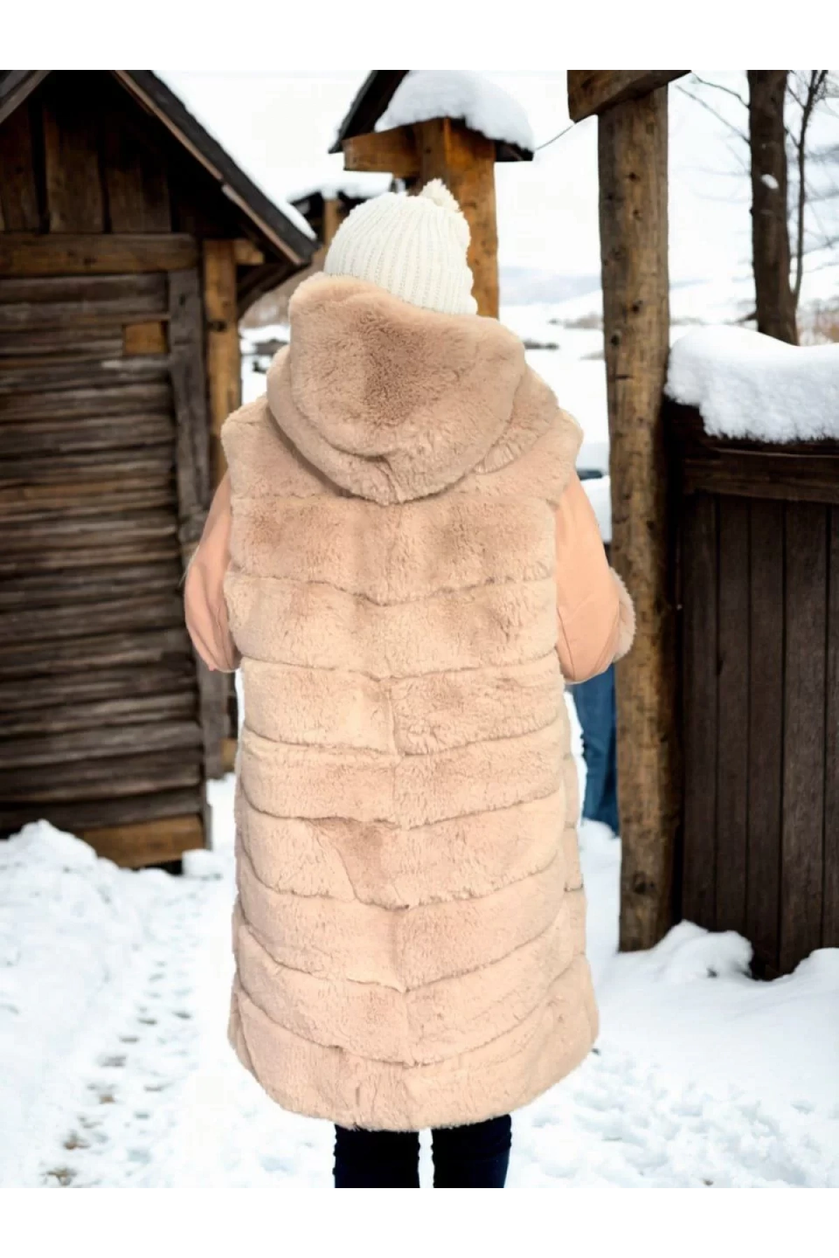 Kadın Suni Kürk Hakiki Deri - Somon