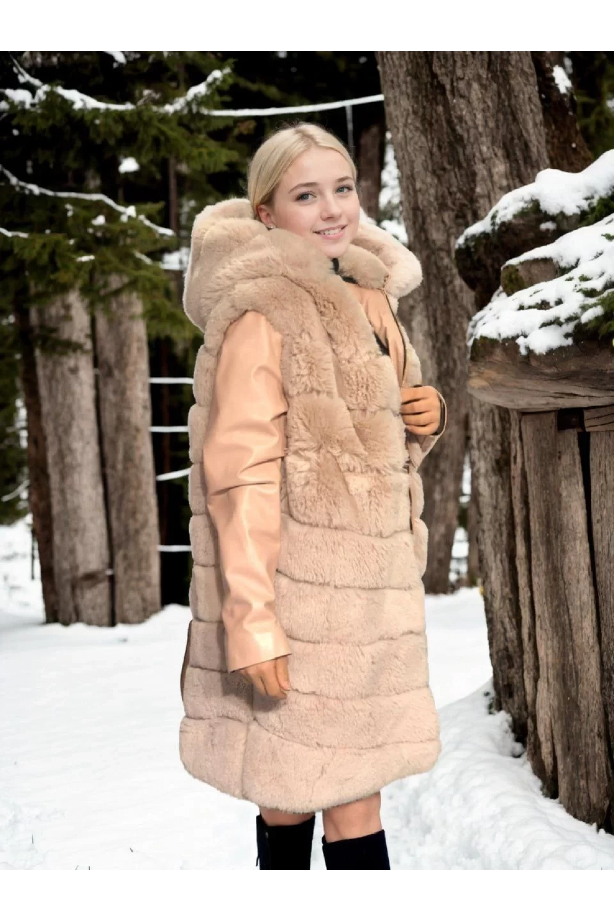 Kadın Suni Kürk Hakiki Deri - Somon