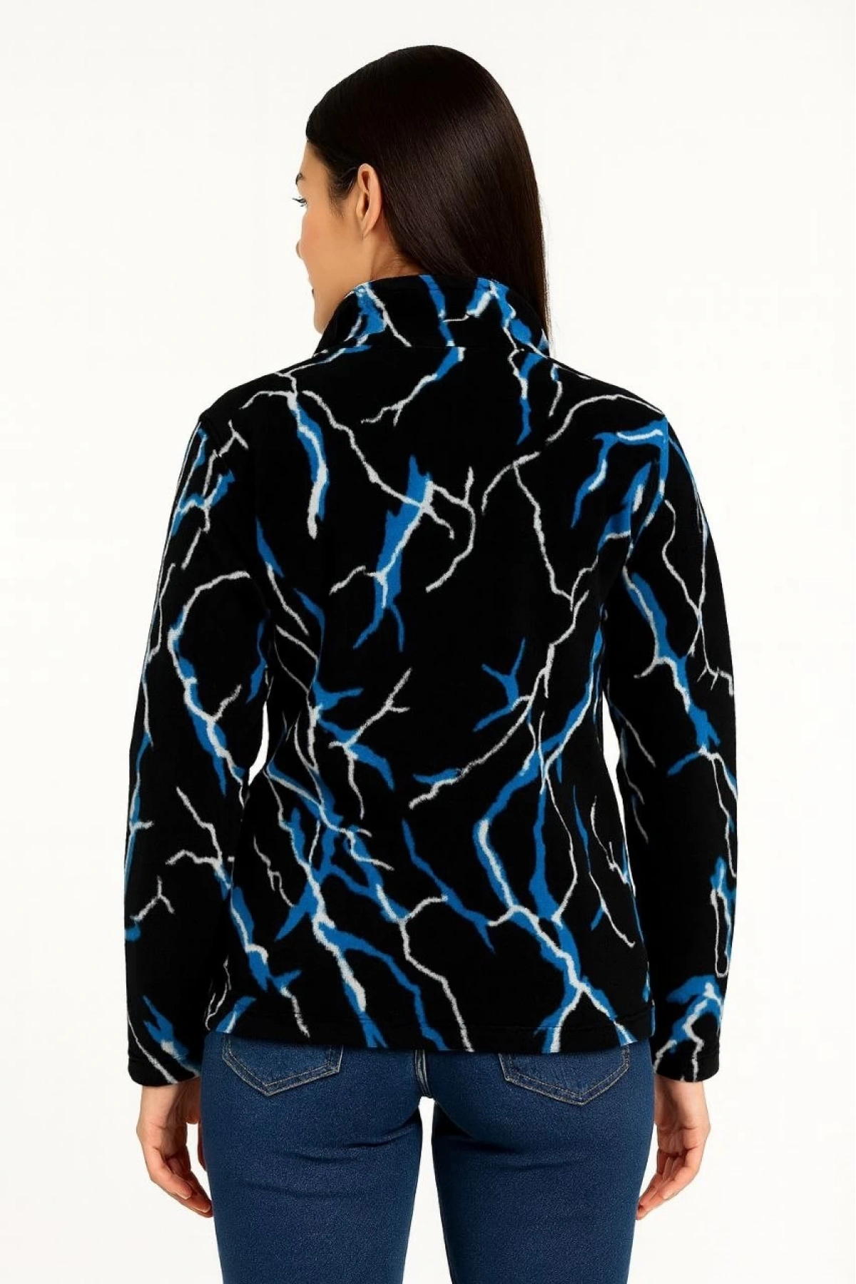 Kadın Tam Fermuarlı Desenli Polar Sweat Lightning Desen Yakalı, Uzun Kollu, Oversize Rahat Kalıp - Siyah