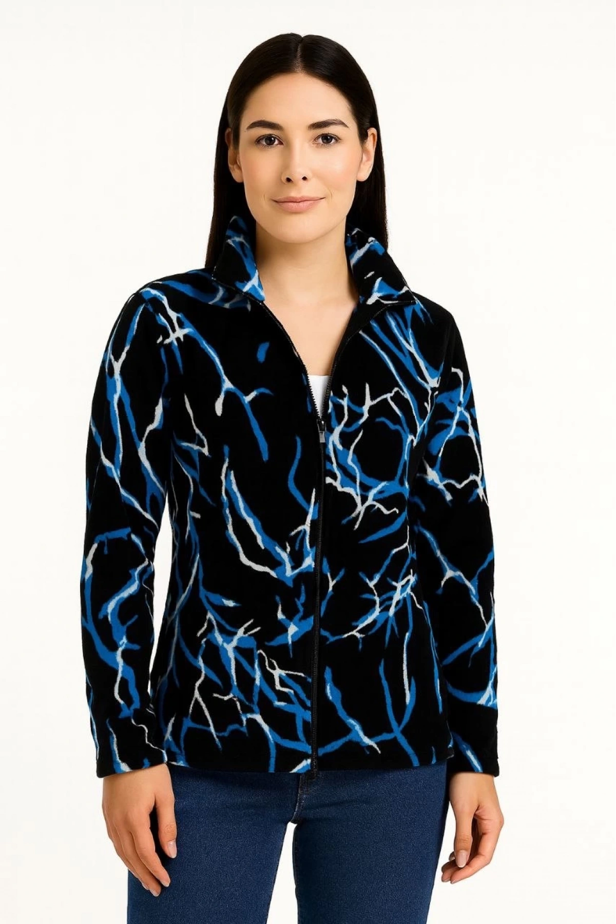 Kadın Tam Fermuarlı Desenli Polar Sweat Lightning Desen Yakalı, Uzun Kollu, Oversize Rahat Kalıp - Siyah