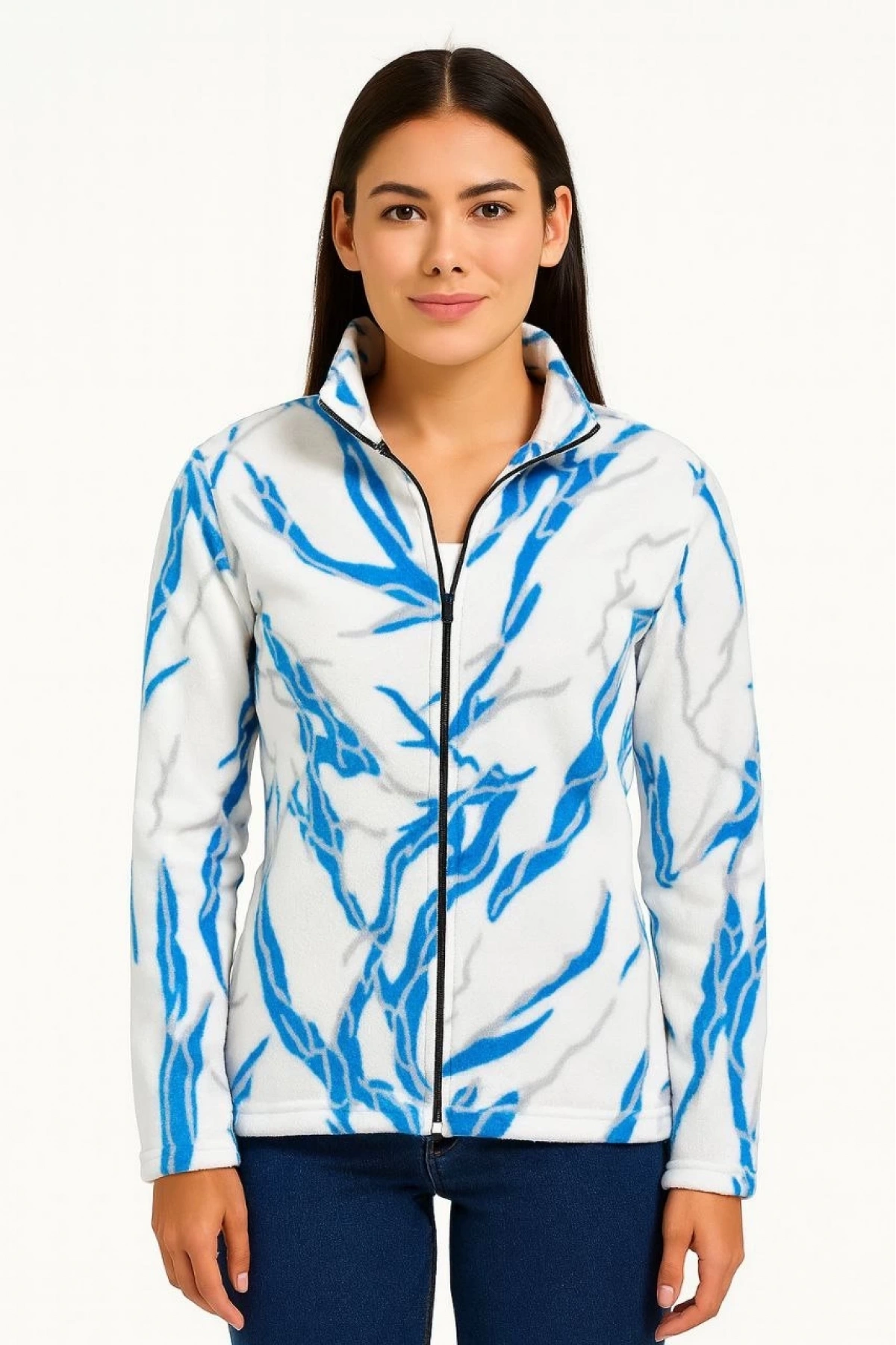 Kadın Tam Fermuarlı Desenli Polar Sweat Lightning Desen Yakalı, Uzun Kollu, Oversize Rahat Kalıp - Beyaz