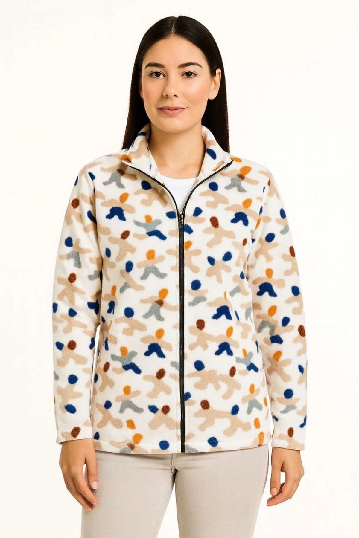 Kadın Tam Fermuarlı Desenli Polar Sweat – Siyah Multicolor Figür Desen Yakalı, Uzun Kollu, Oversize Rahat Kalıp - Beyaz