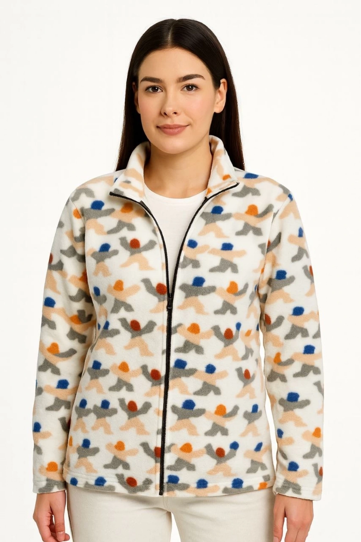 Kadın Tam Fermuarlı Desenli Polar Sweat – Siyah Multicolor Figür Desen Yakalı, Uzun Kollu, Oversize Rahat Kalıp - Beyaz