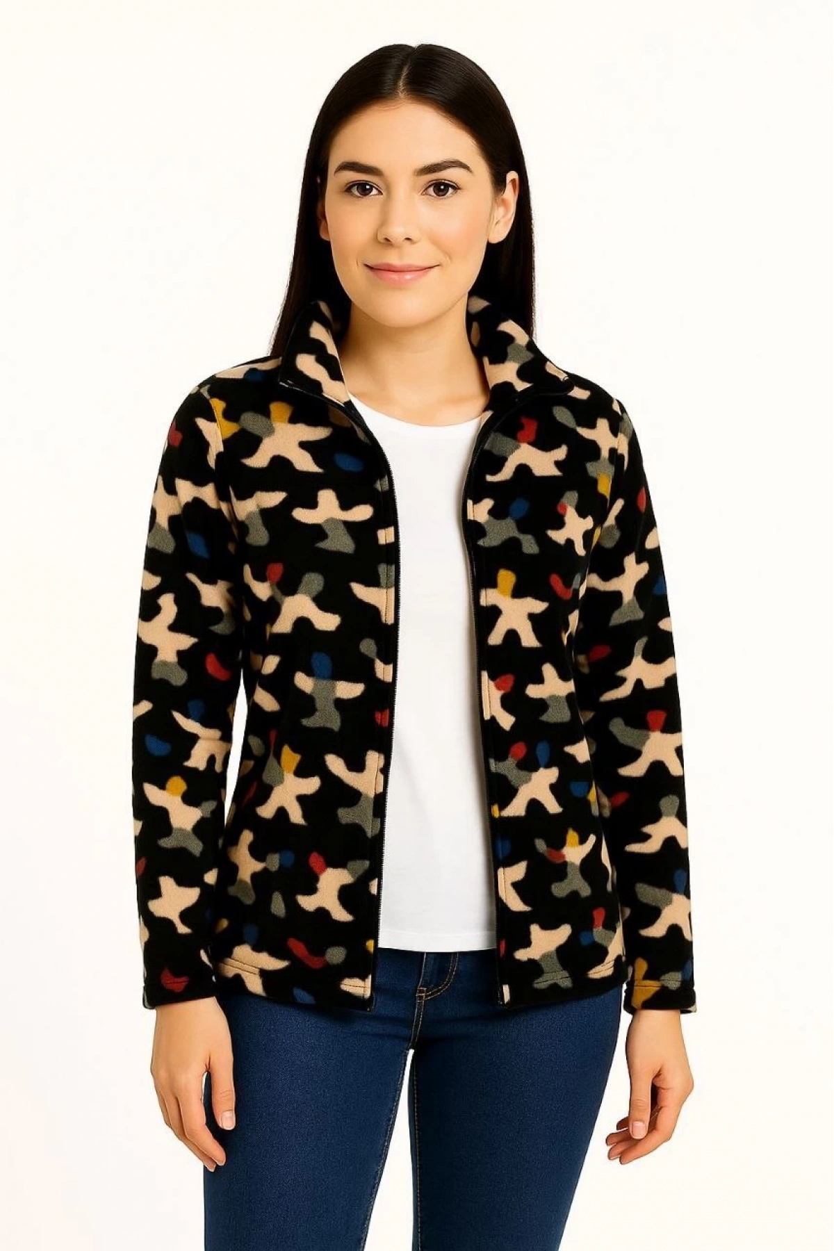 Kadın Tam Fermuarlı Desenli Polar Sweat – Siyah Multicolor Figür Desen Yakalı, Uzun Kollu, Oversize Rahat Kalıp - Siyah