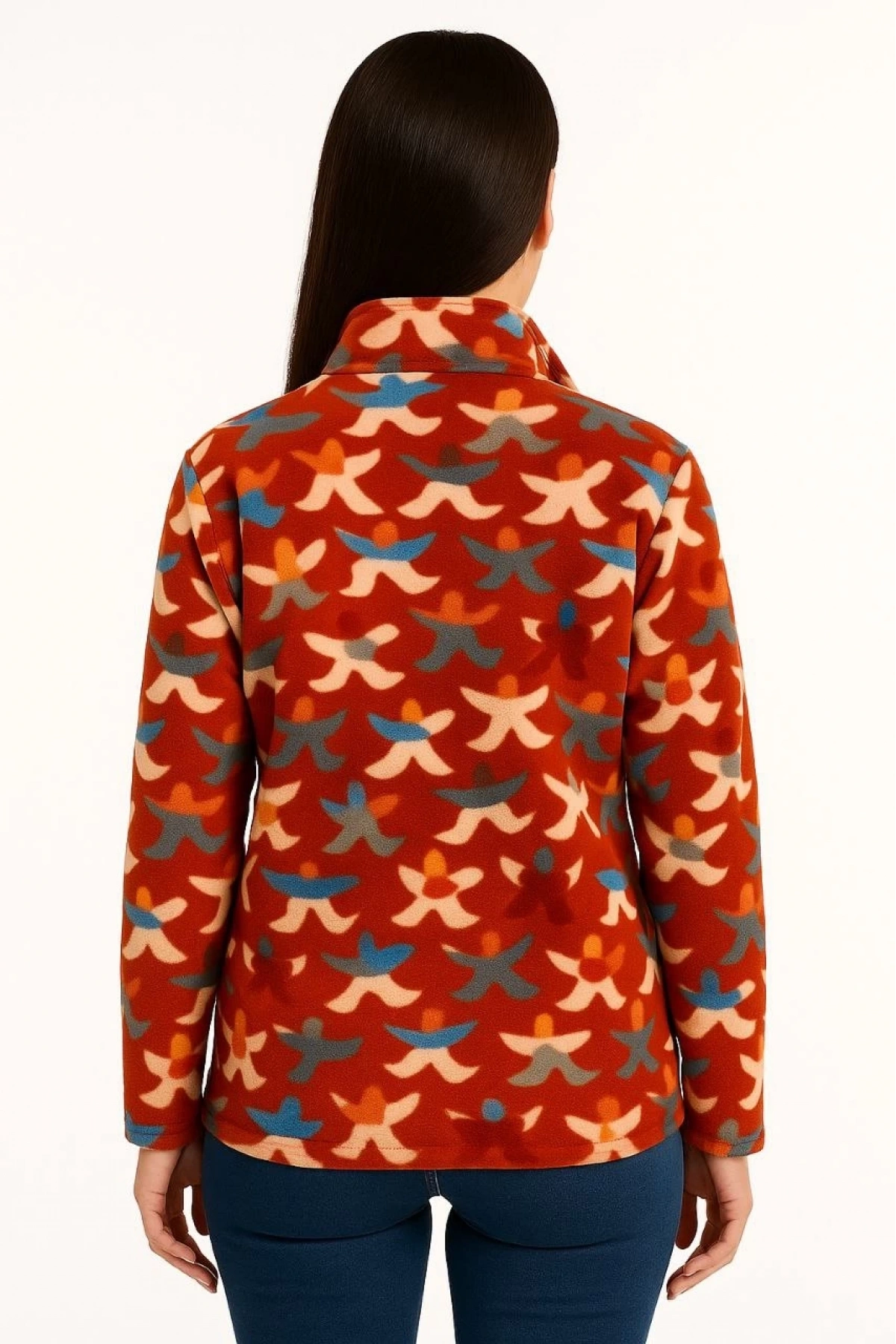 Kadın Tam Fermuarlı Desenli Polar Sweat – Siyah Multicolor Figür Desen Yakalı, Uzun Kollu, Oversize Rahat Kalıp - Kiremit