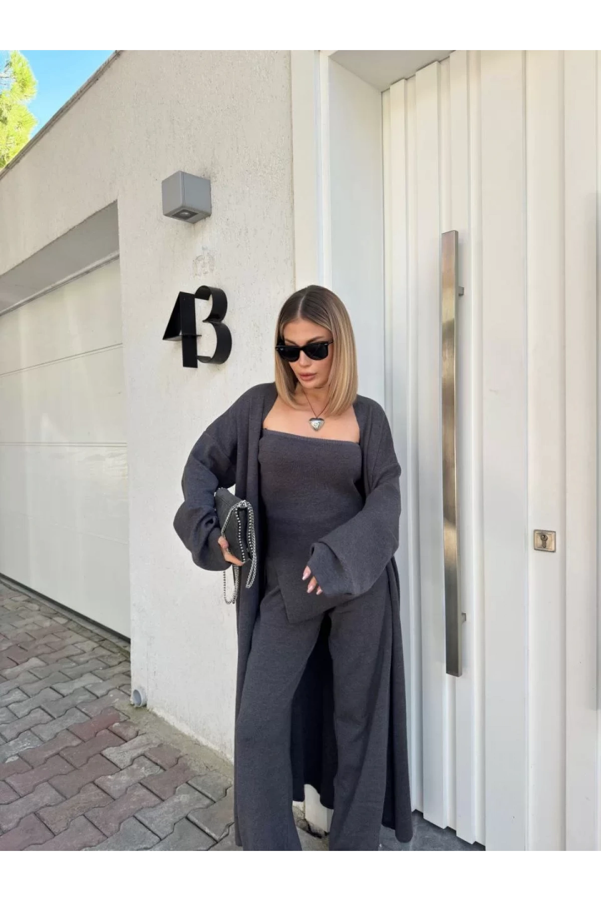 Kadın Triko Üçlü Takım - Füme