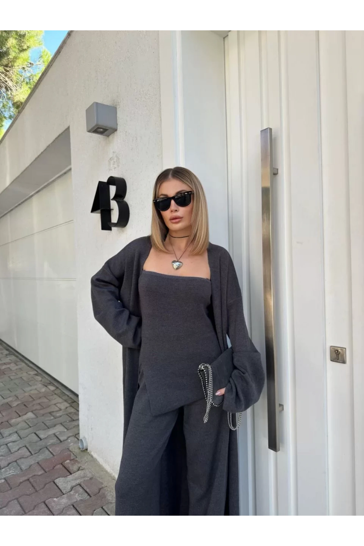 Kadın Triko Üçlü Takım - Füme