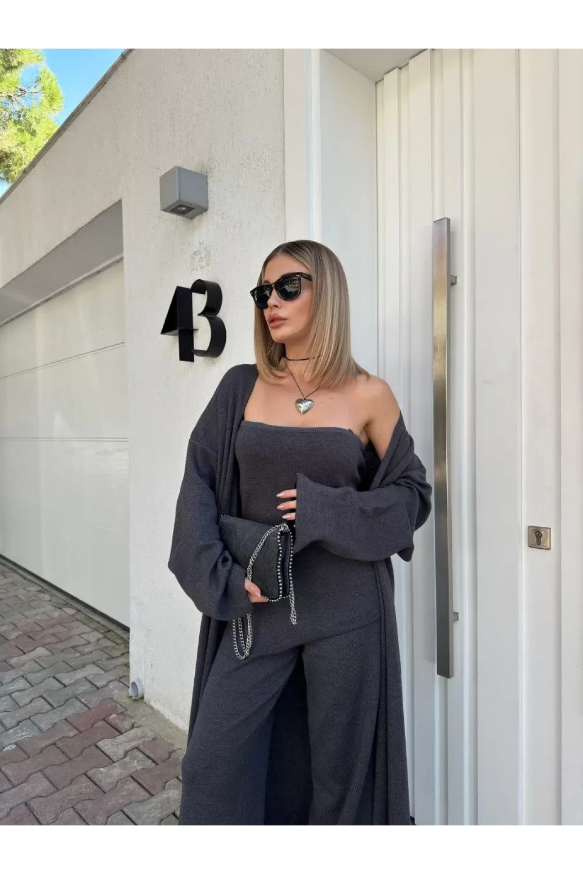 Kadın Triko Üçlü Takım - Füme