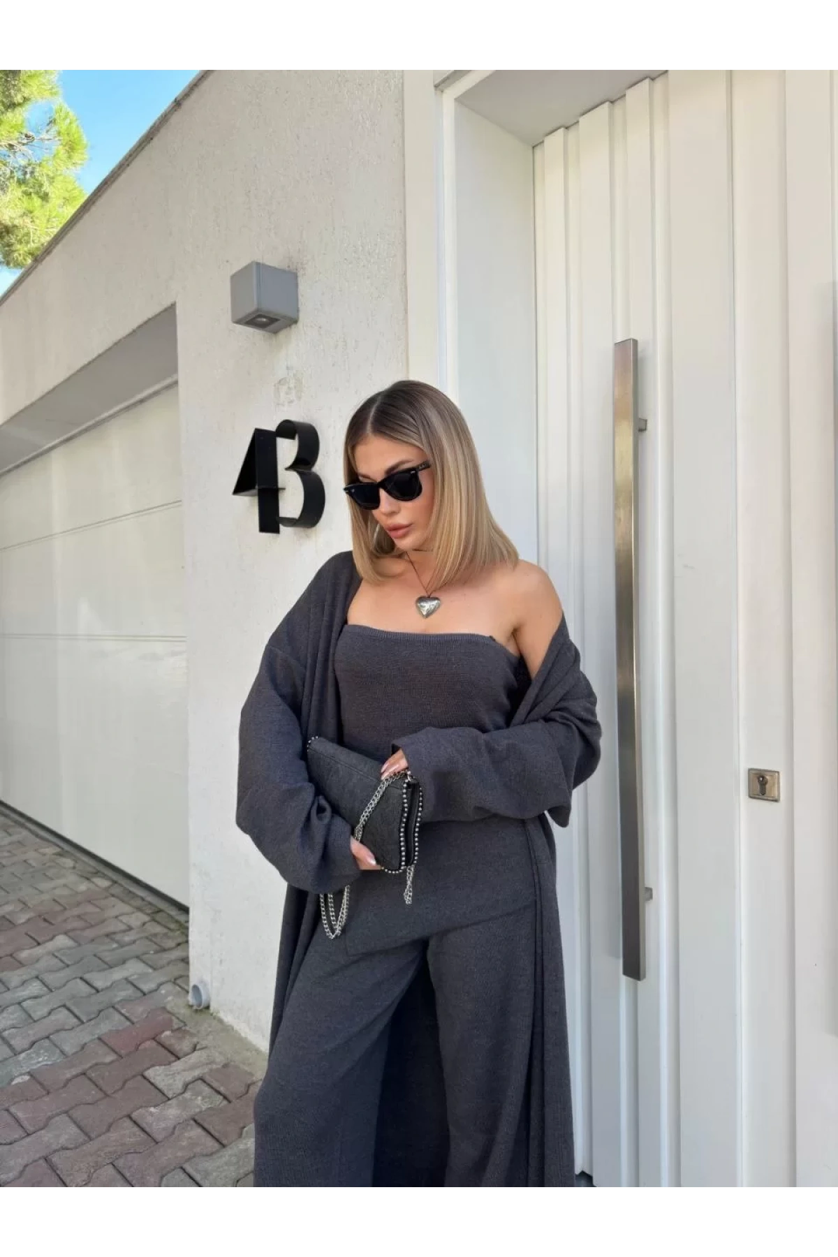 Kadın Triko Üçlü Takım - Füme