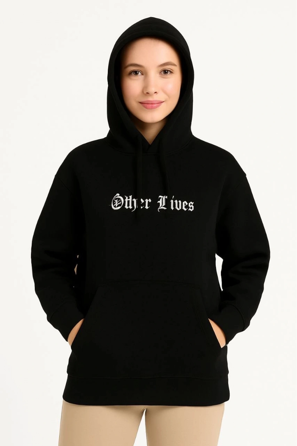 Kadın Kapşonlu Sweatshirt – Oversize Üç İplik Şardonlu Hoodie, “Other Lives” Ön & Arka Baskılı, Kanguru Cepli, Kışlık Rahat Günlük Stil- Siyah