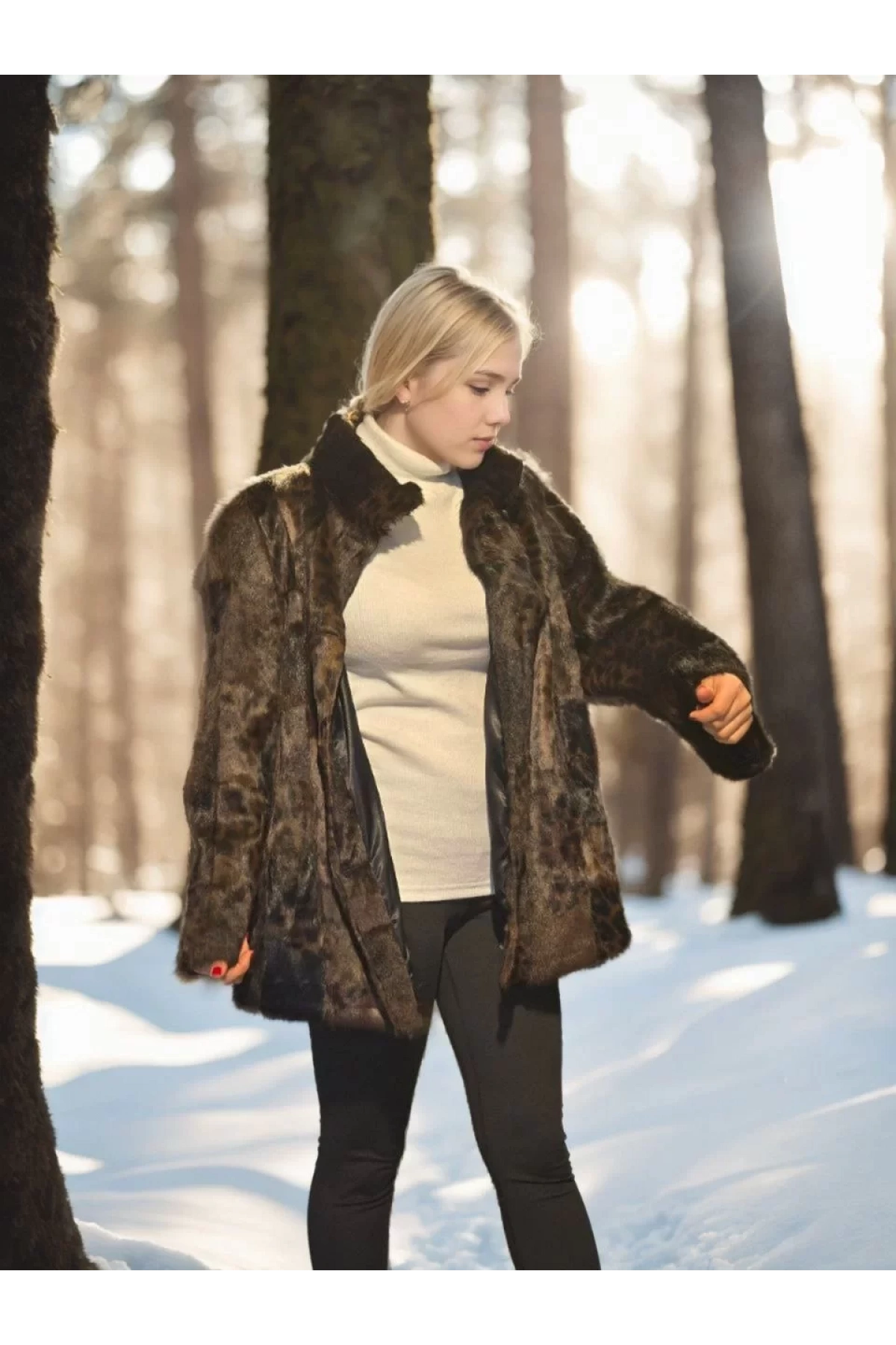 Kadın Uzun Kollu Deri Ceket - Leopar