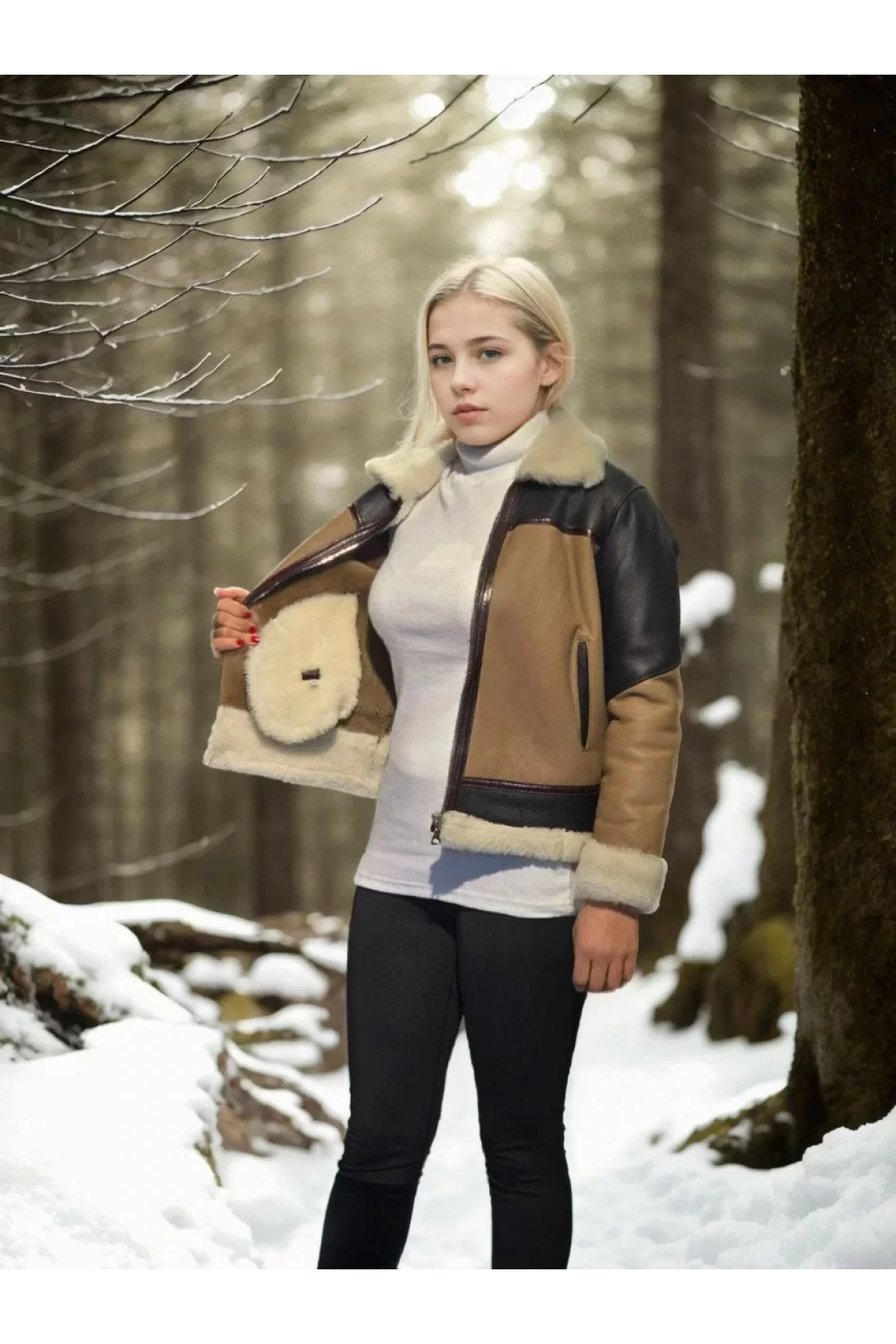 Kadın Uzun Kollu Yakalı Hakiki Kürk - Kahve