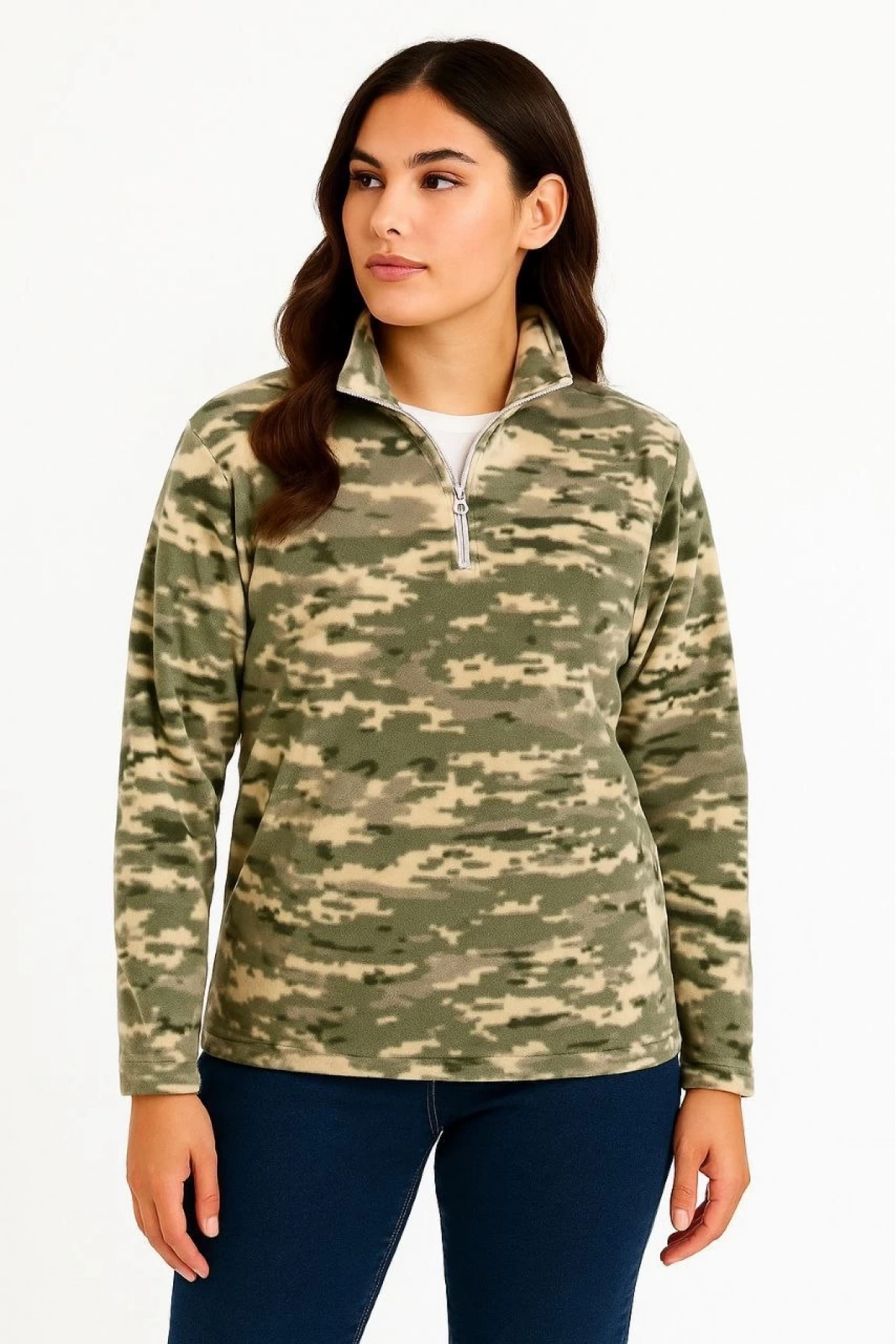 Kadın Yarım Fermuarlı Desenli Polar Sweat – Haki Kamuflaj Yakalı, Uzun Kollu, Oversize Rahat Kalıp - Haki