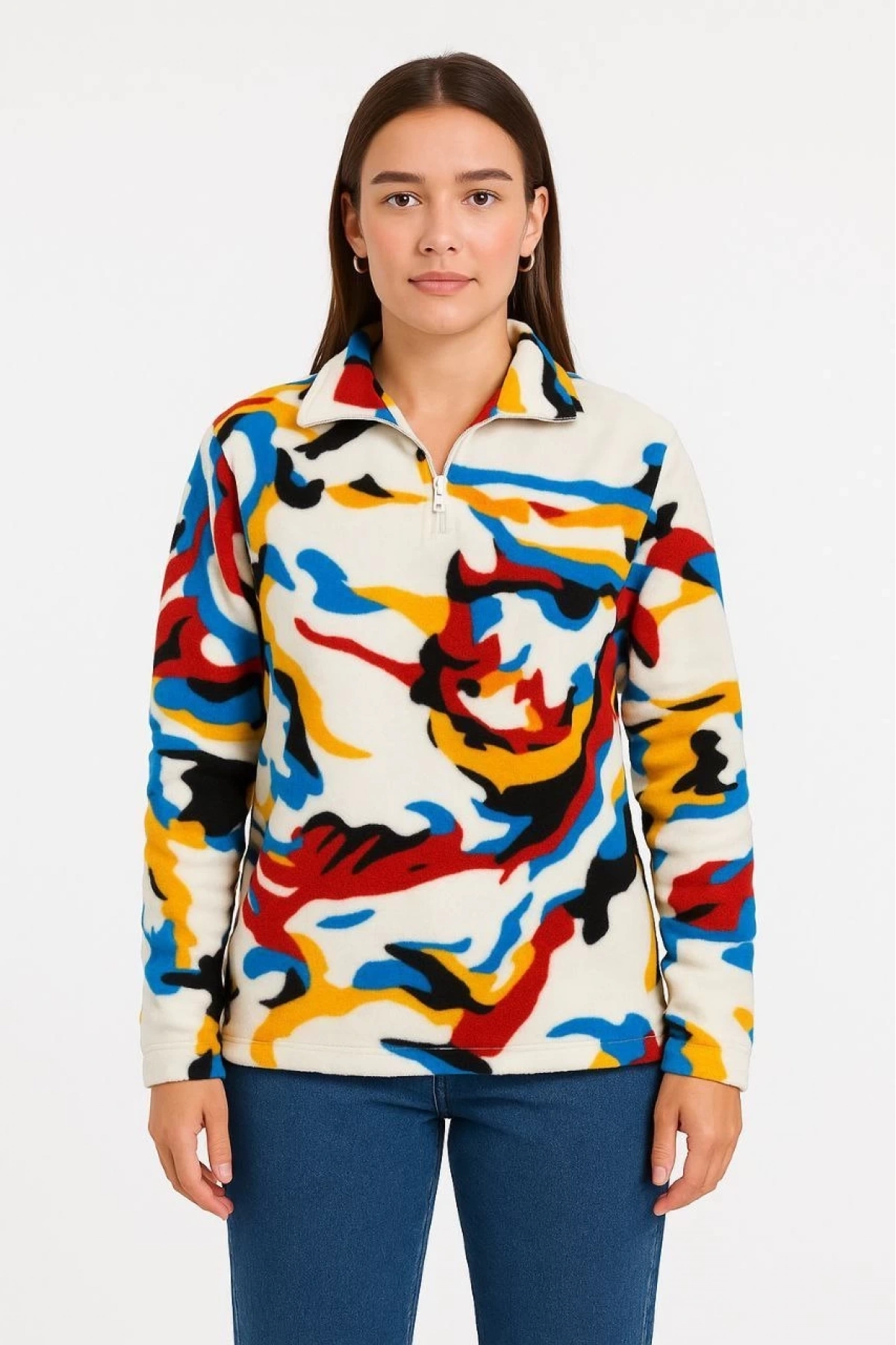 Kadın Yarım Fermuarlı Desenli Polar Sweat – Renkli Abstract Desen Yakalı, Uzun Kollu, Oversize Rahat Kalıp - Beyaz