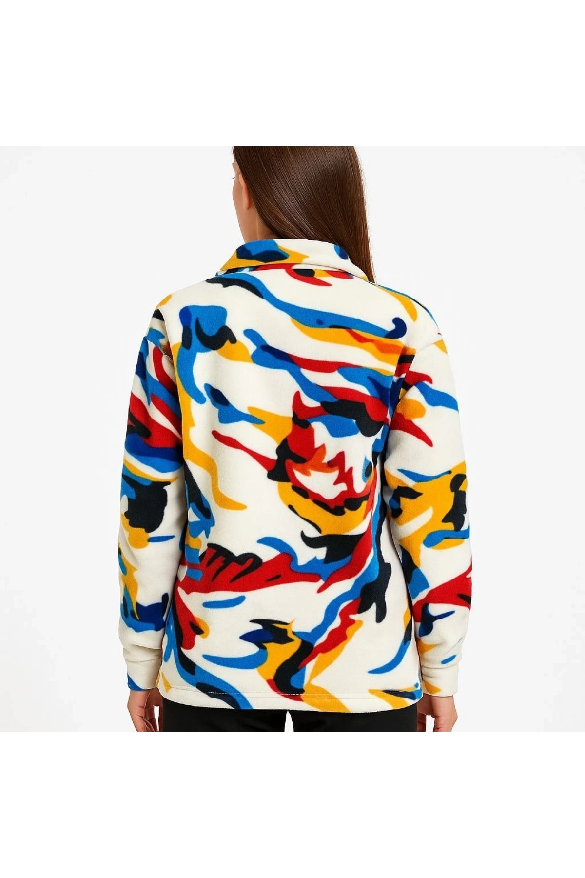 Kadın Yarım Fermuarlı Desenli Polar Sweat – Renkli Abstract Desen Yakalı, Uzun Kollu, Oversize Rahat Kalıp - Beyaz