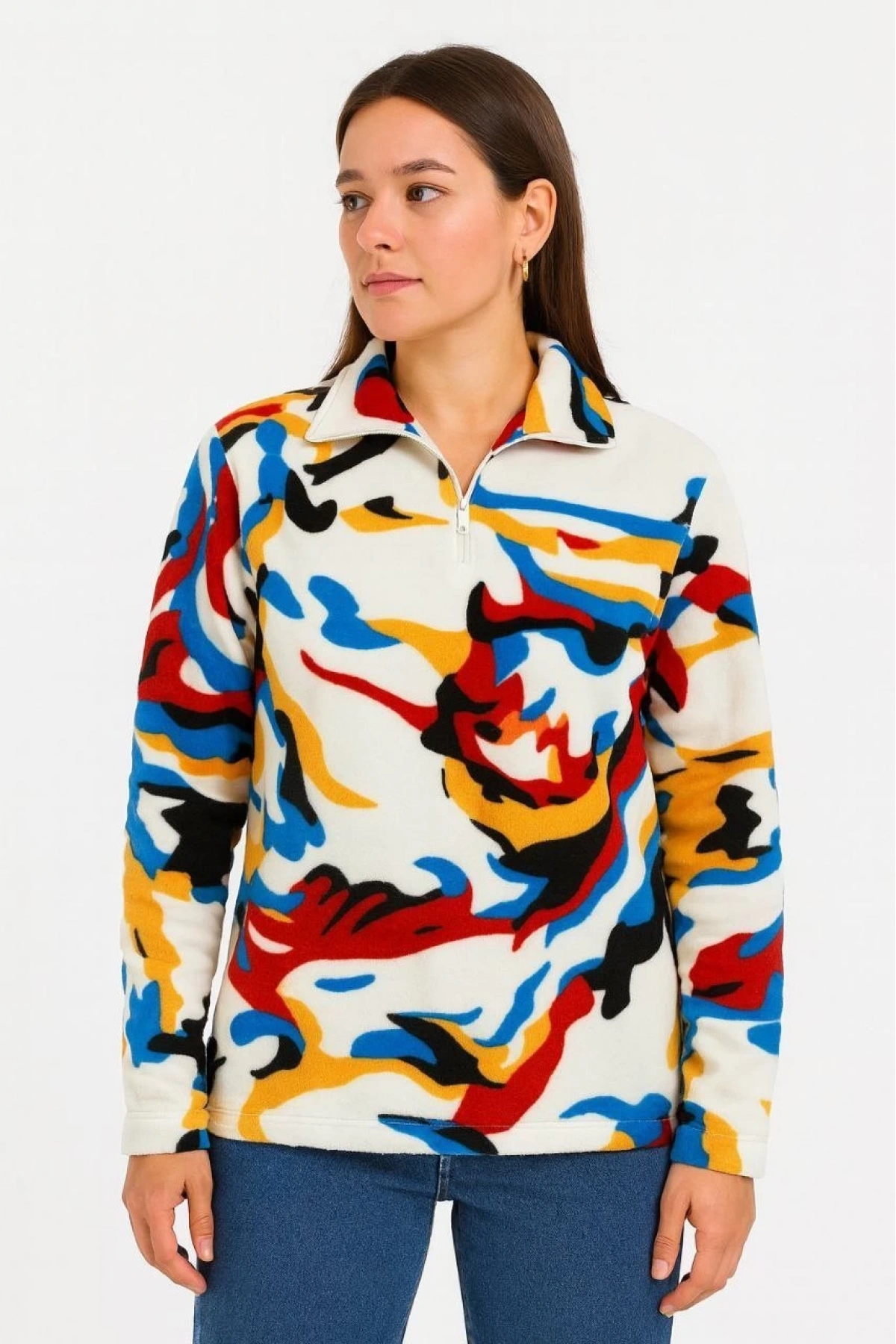 Kadın Yarım Fermuarlı Desenli Polar Sweat – Renkli Abstract Desen Yakalı, Uzun Kollu, Oversize Rahat Kalıp - Beyaz
