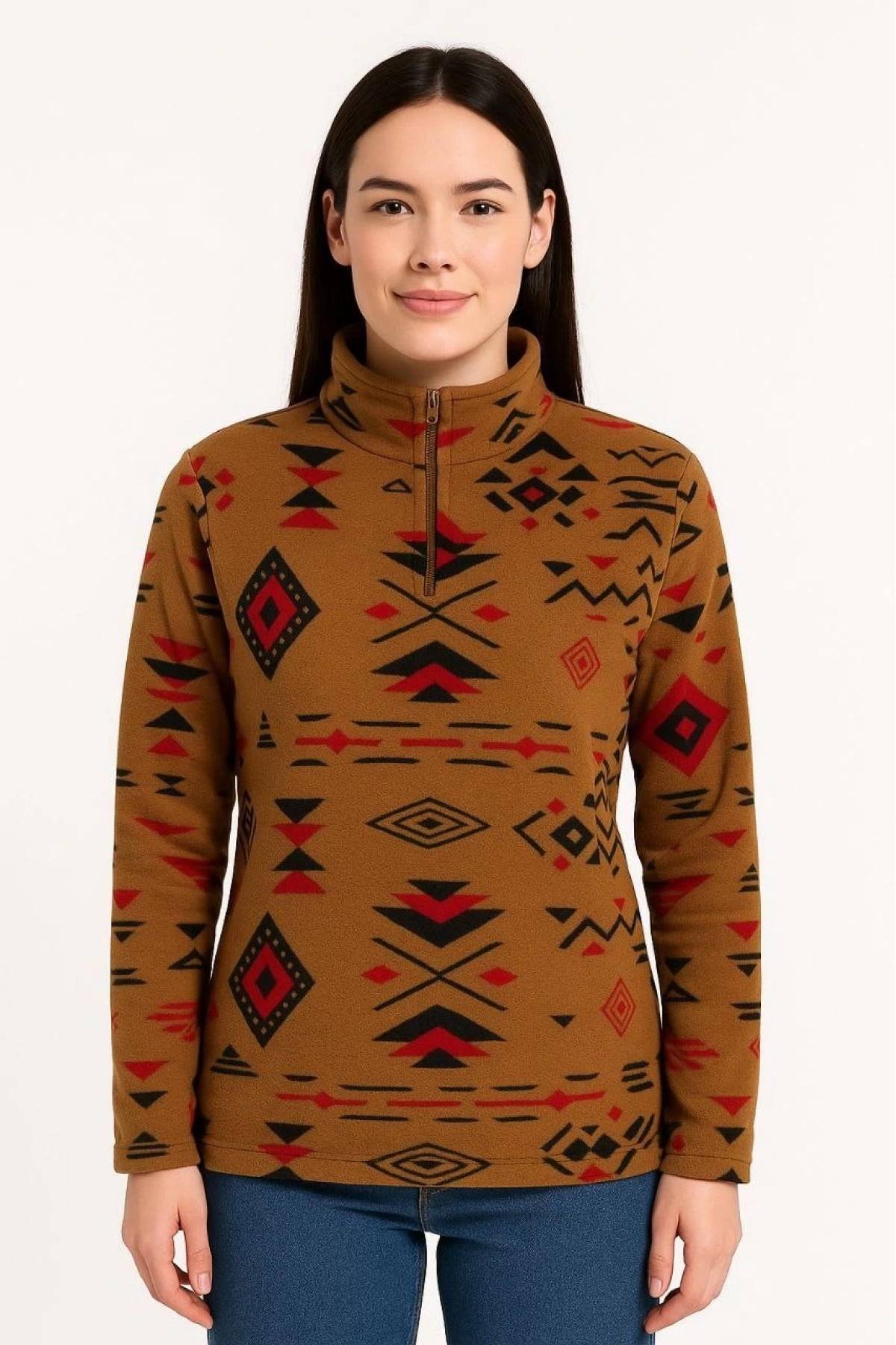 Kadın Yarım Fermuarlı Desenli Polar Sweat Tribal Etnik Desen Yakalı, Uzun Kollu, Oversize Rahat Kalıp - Kahverengi