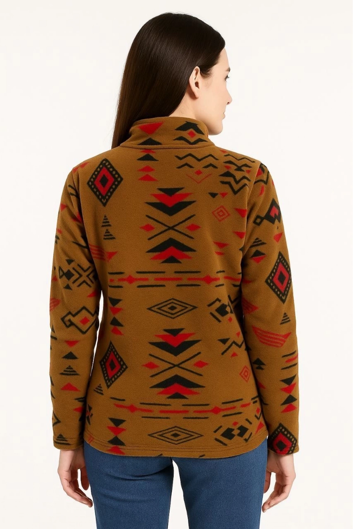 Kadın Yarım Fermuarlı Desenli Polar Sweat Tribal Etnik Desen Yakalı, Uzun Kollu, Oversize Rahat Kalıp - Kahverengi