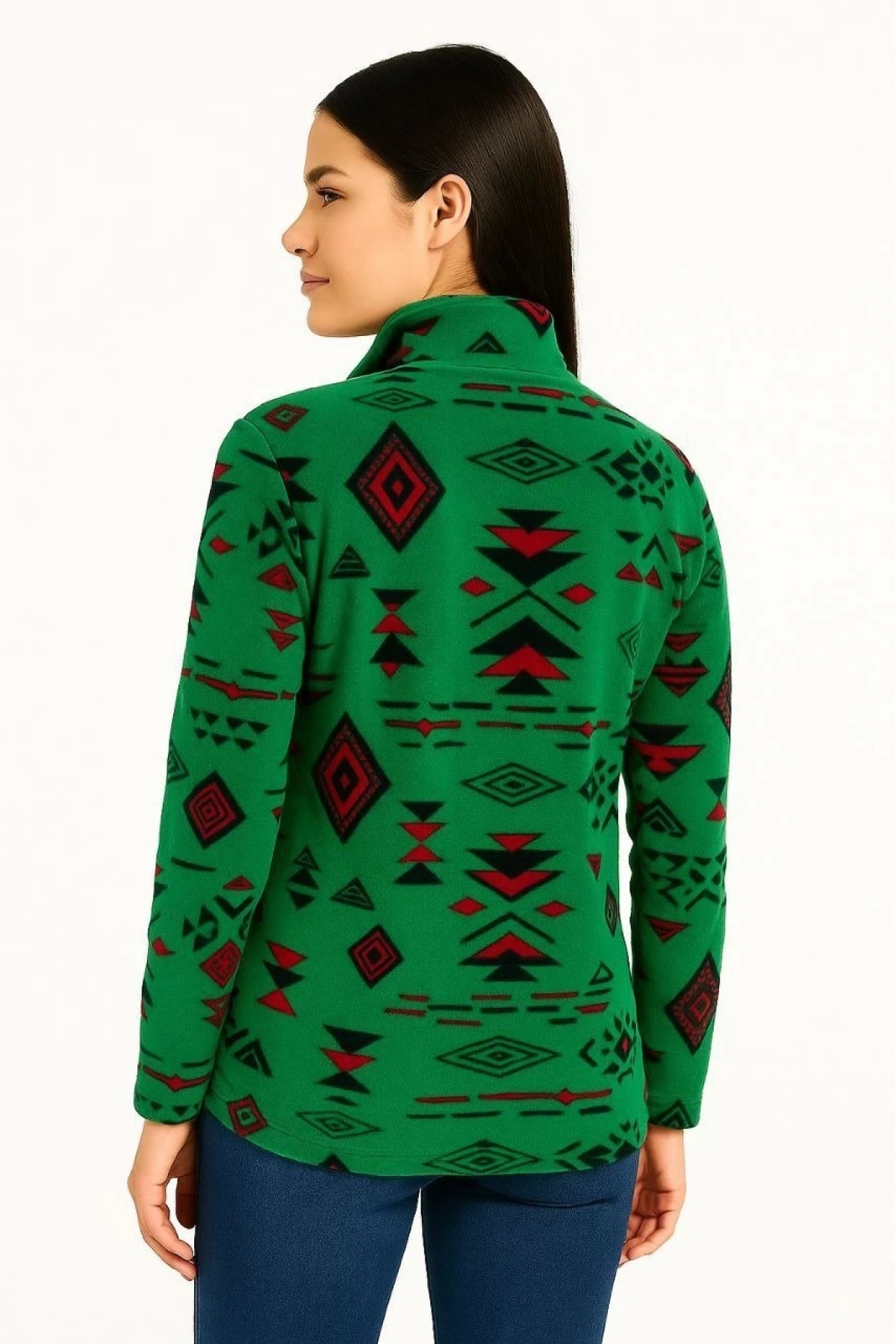 Kadın Yarım Fermuarlı Desenli Polar Sweat Tribal Etnik Desen Yakalı, Uzun Kollu, Oversize Rahat Kalıp - Yeşil