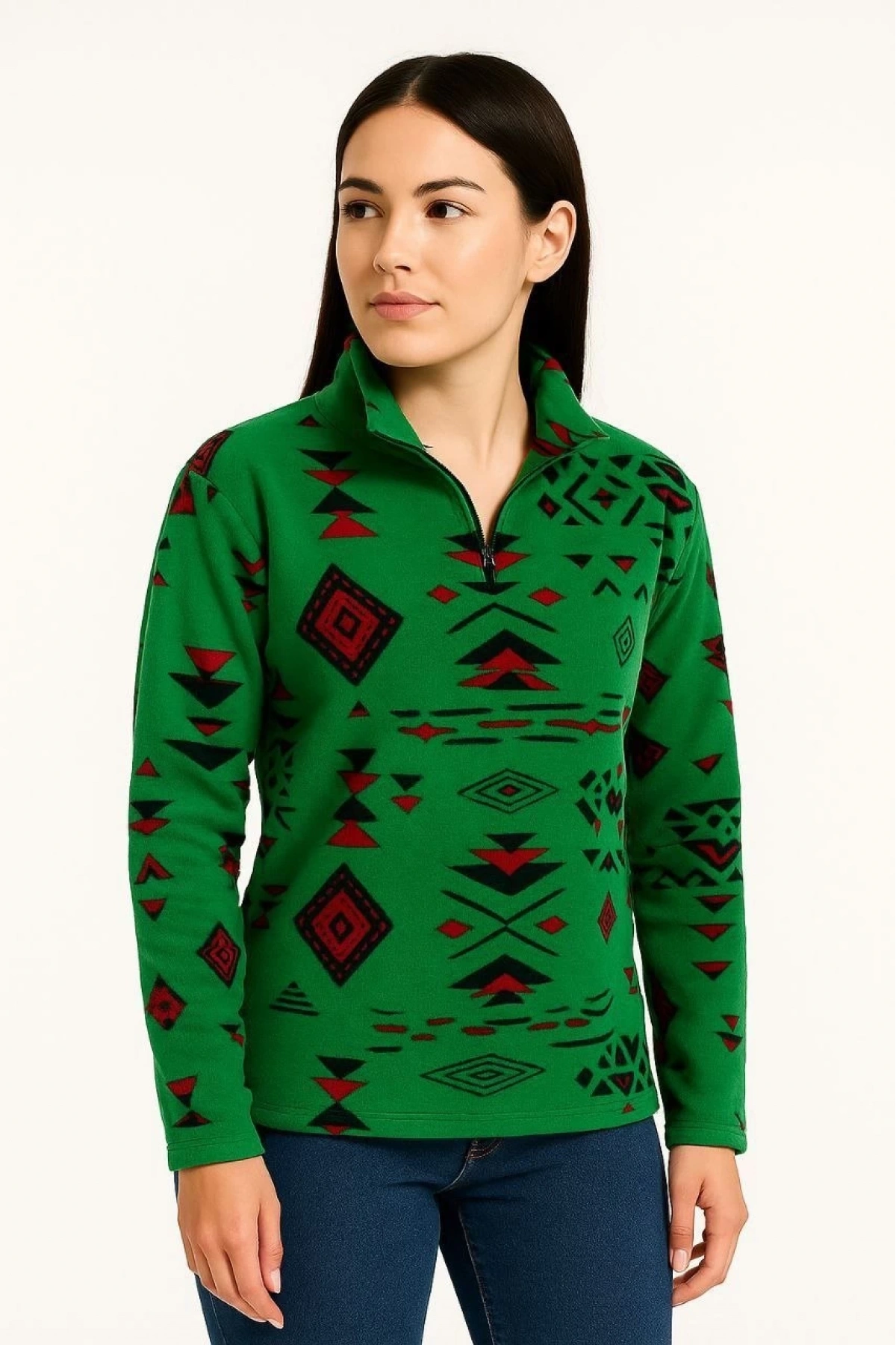Kadın Yarım Fermuarlı Desenli Polar Sweat Tribal Etnik Desen Yakalı, Uzun Kollu, Oversize Rahat Kalıp - Yeşil