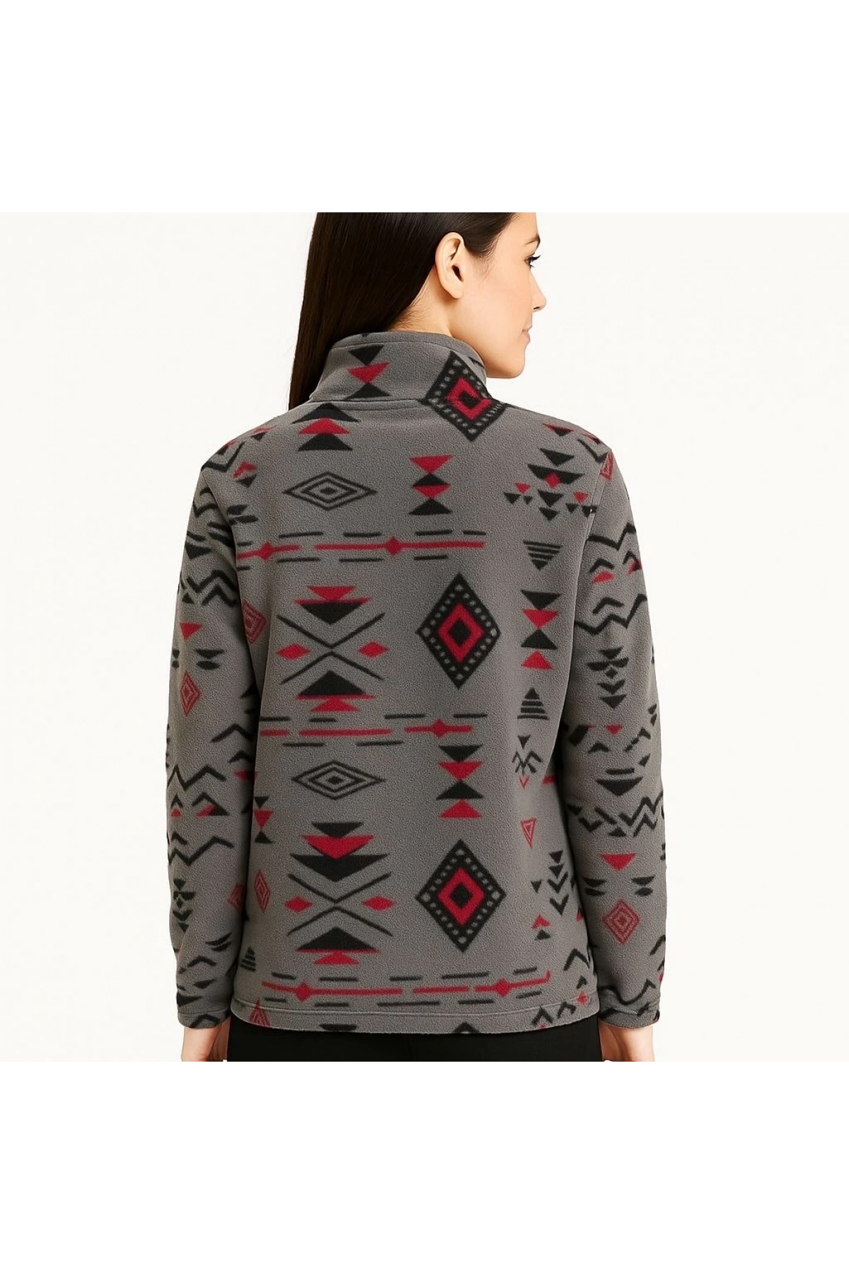 Kadın Yarım Fermuarlı Desenli Polar Sweat Tribal Etnik Desen Yakalı, Uzun Kollu, Oversize Rahat Kalıp - Füme