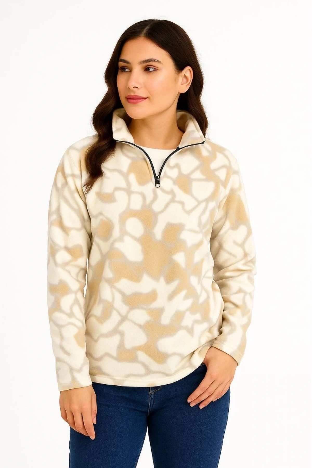 KADIN Yarım Fermuarlı Desenli Polar Sweat Yakalı, Uzun Kollu, Oversize Rahat Kalıp - Bej
