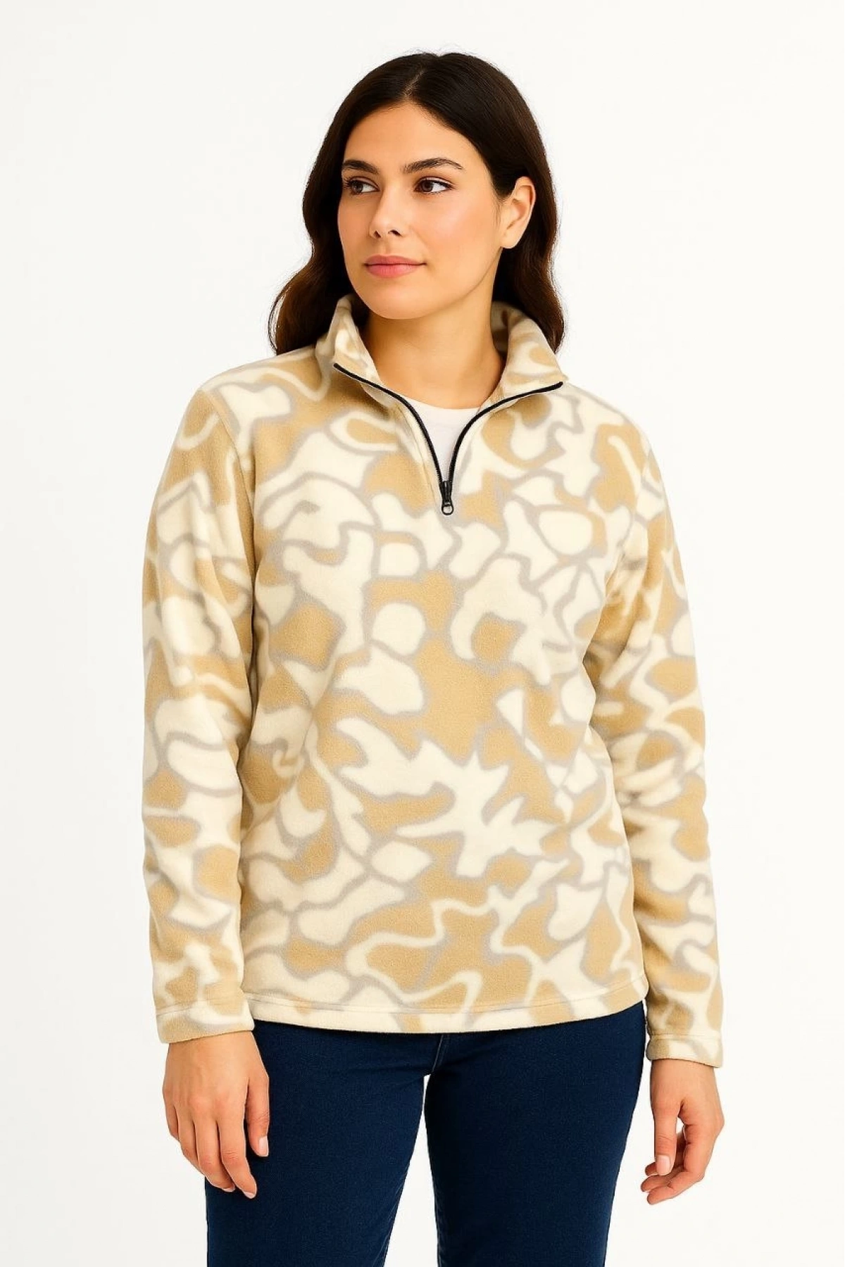 KADIN Yarım Fermuarlı Desenli Polar Sweat Yakalı, Uzun Kollu, Oversize Rahat Kalıp - Bej