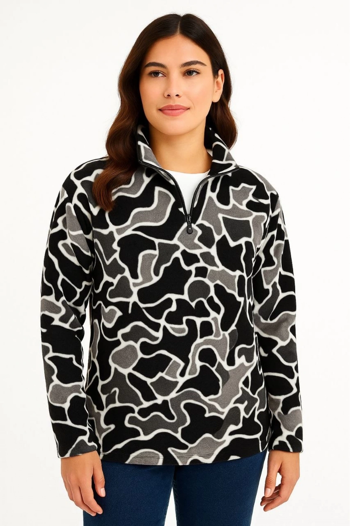 KADIN Yarım Fermuarlı Desenli Polar Sweat Yakalı, Uzun Kollu, Oversize Rahat Kalıp - Siyah