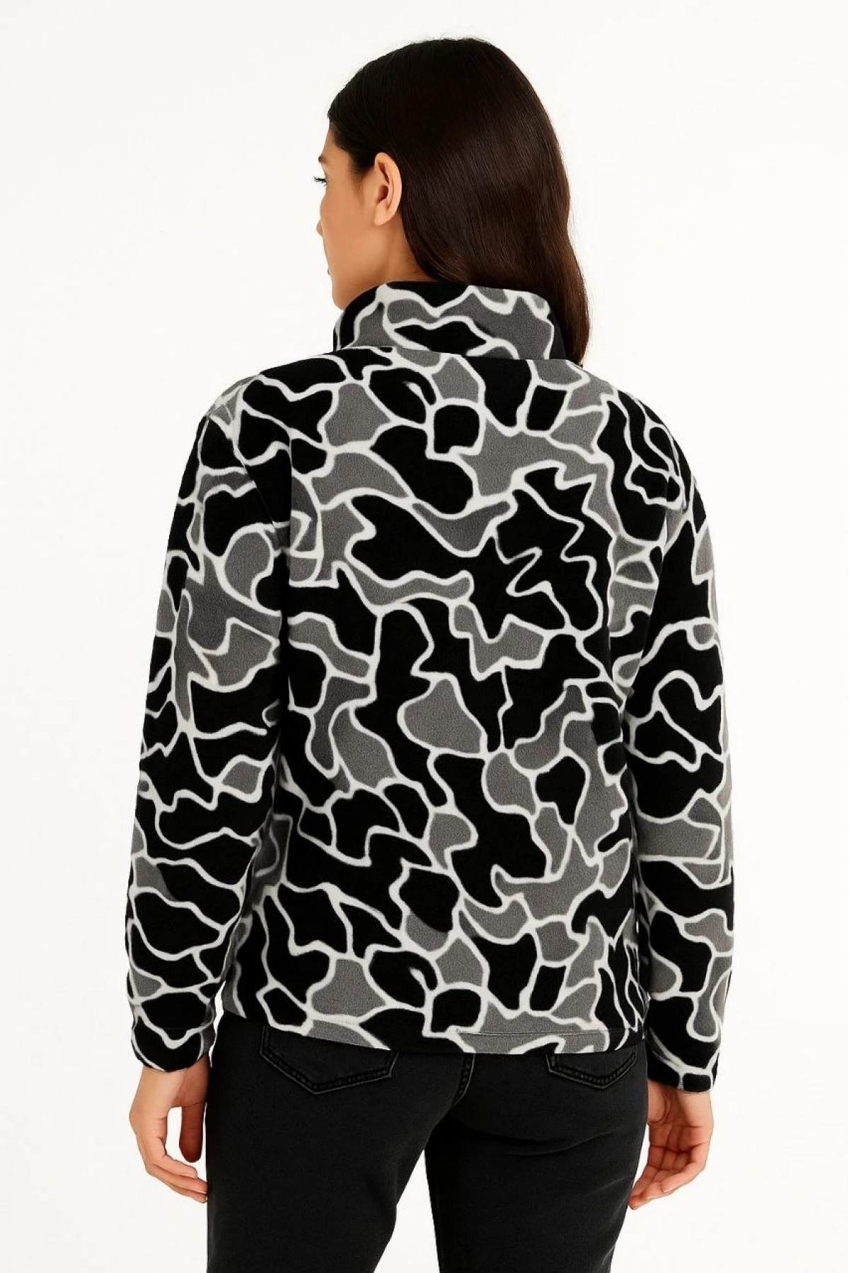 KADIN Yarım Fermuarlı Desenli Polar Sweat Yakalı, Uzun Kollu, Oversize Rahat Kalıp - Siyah