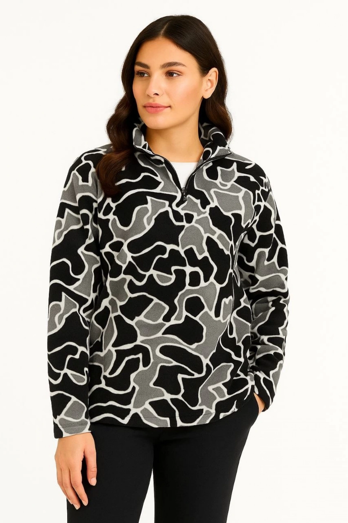KADIN Yarım Fermuarlı Desenli Polar Sweat Yakalı, Uzun Kollu, Oversize Rahat Kalıp - Siyah
