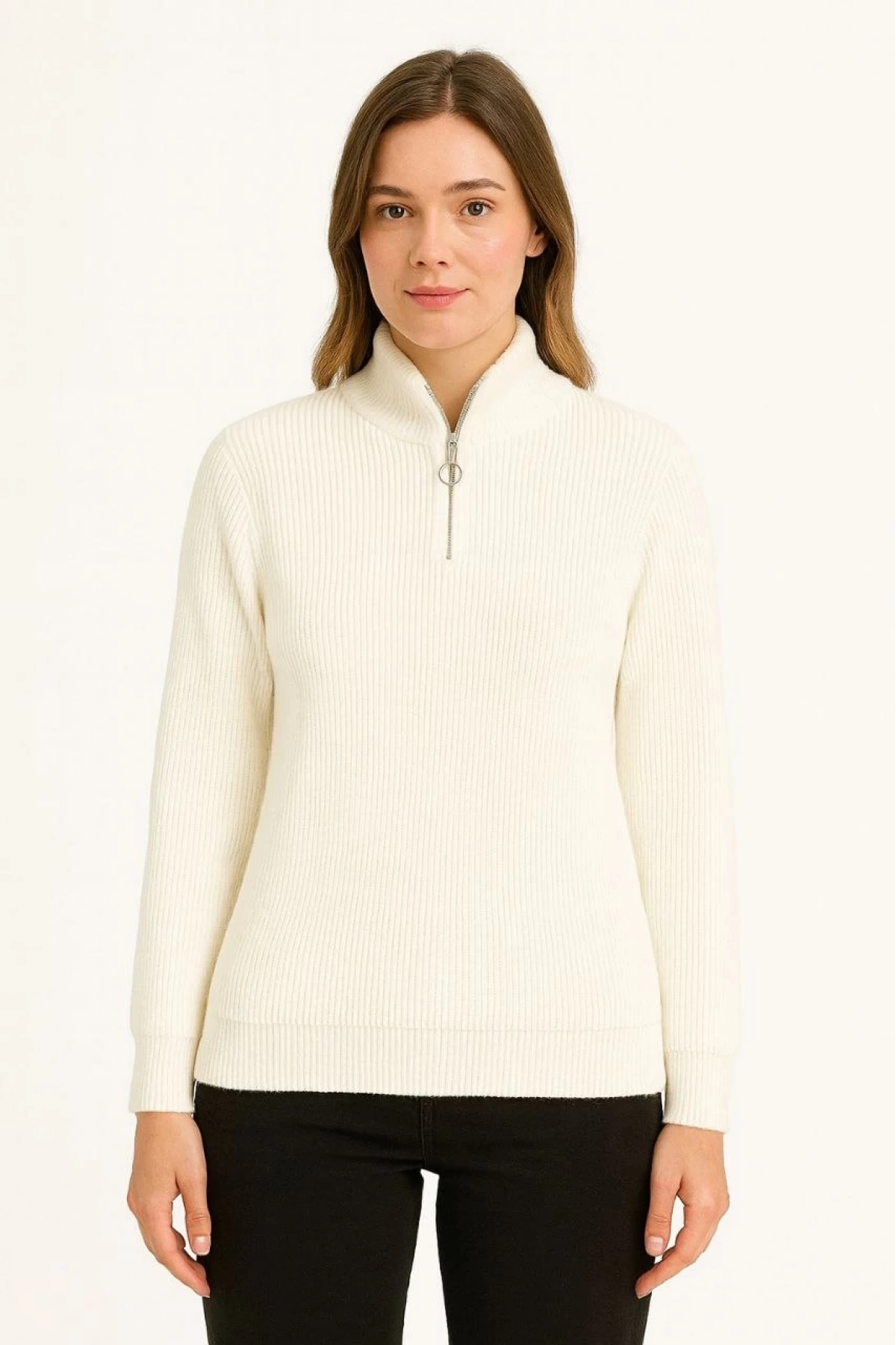 KADIN Yarım Fermuarlı Triko Kazak – Selanik Örgü, Dik Yaka, Pamuklu Dokuma, Oversize Uzun Kollu Kışlık Model - Beyaz