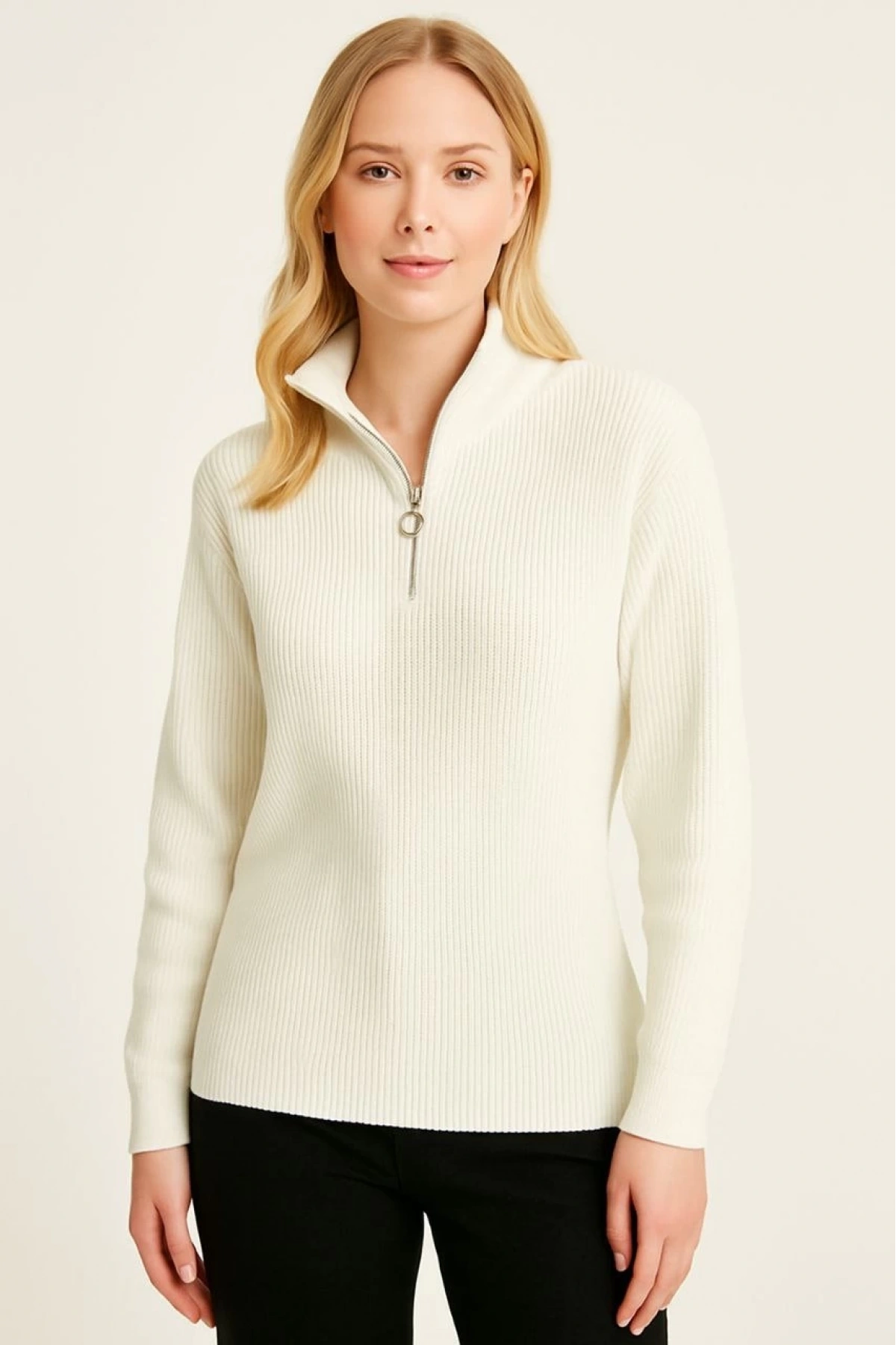 KADIN Yarım Fermuarlı Triko Kazak – Selanik Örgü, Dik Yaka, Pamuklu Dokuma, Oversize Uzun Kollu Kışlık Model - Beyaz