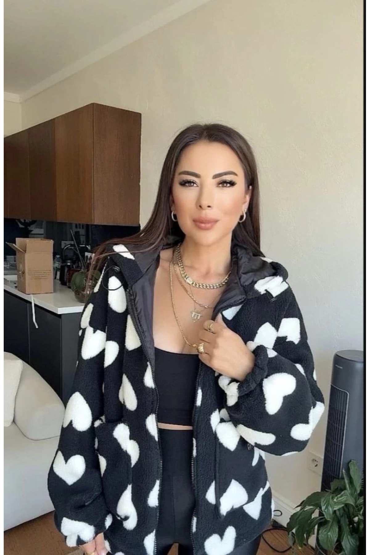 Kalpli peluş ceket içi astarlı siyahbeyaz