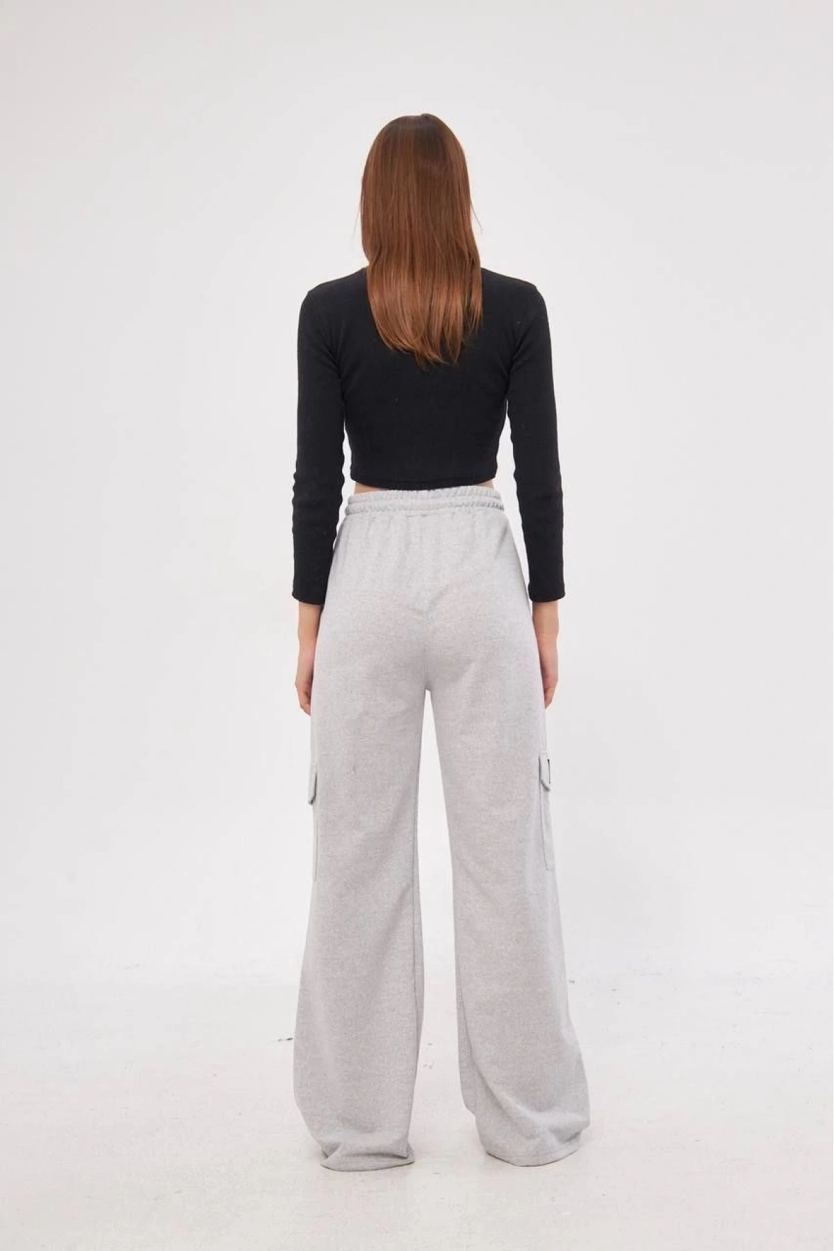 Kargo Cepli Palazzo Oversize Kesim İki iplik Bol Paça Eşofman Altı Pantalon - Gri