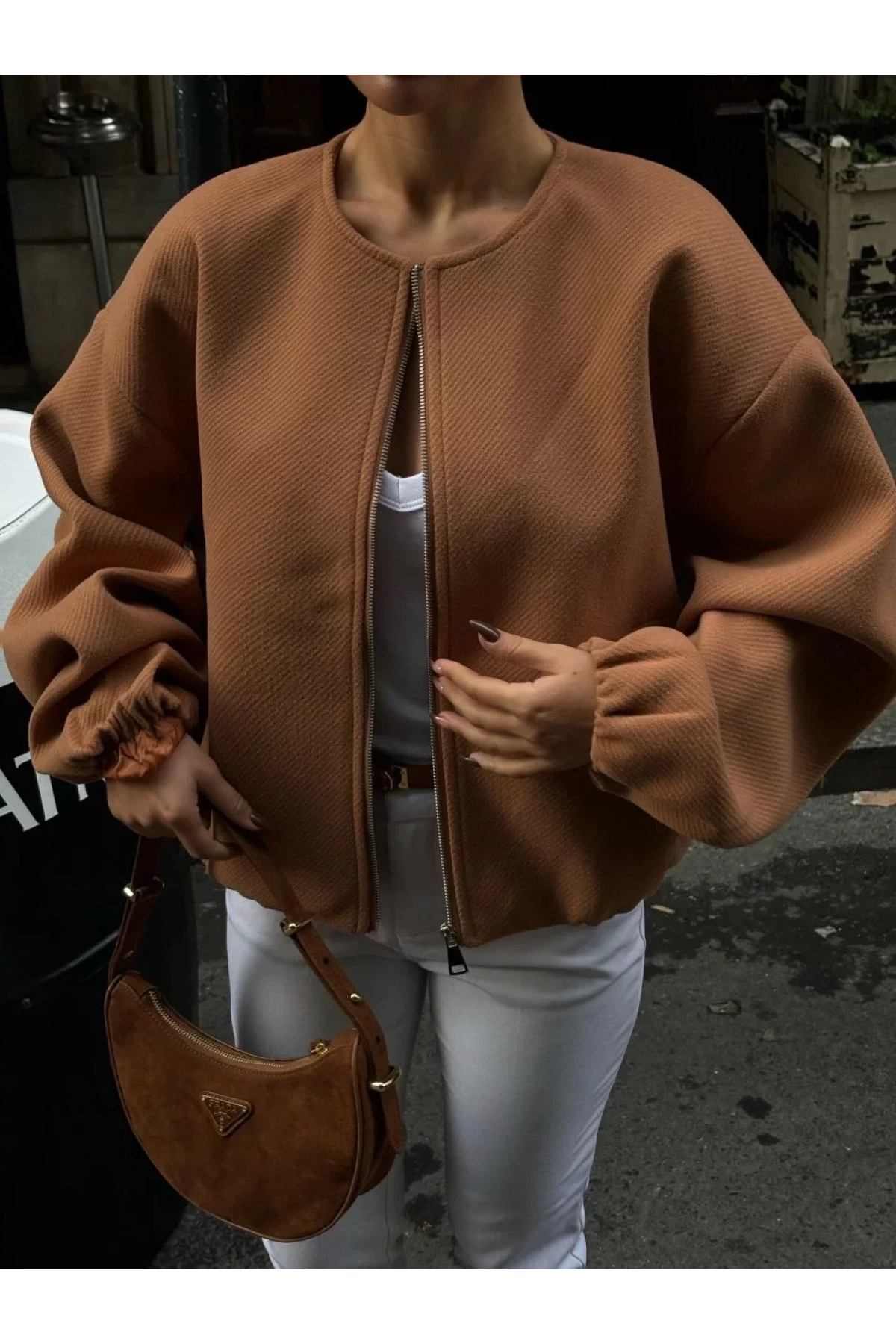 Kaşe Kaşmir Fermuarlı CEKET - Kahve