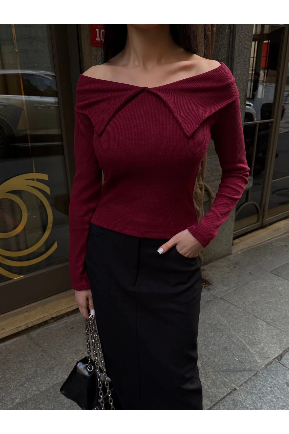 Kelebek yaka uzun kol bluz bordo