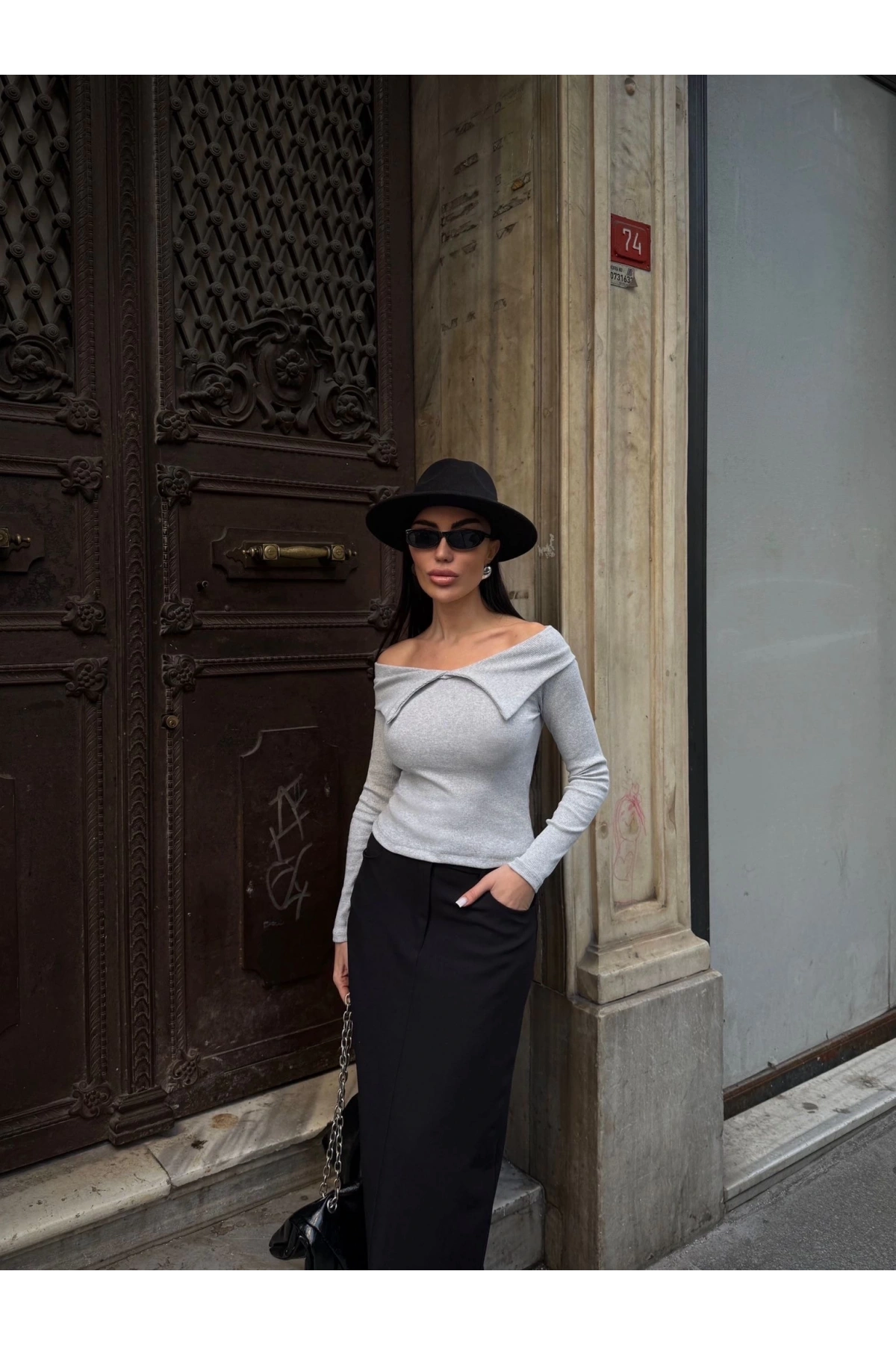 Kelebek yaka uzun kol bluz Gri