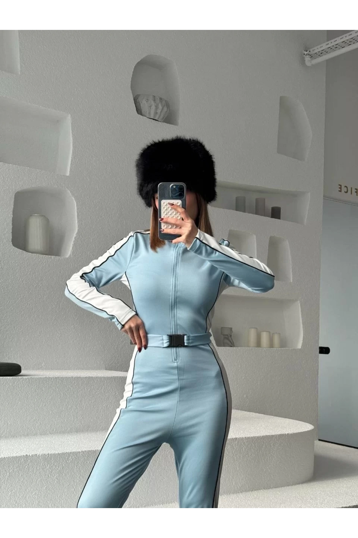 Kemer Detaylı Fermuarlı Tulum - Bebe Mavisi