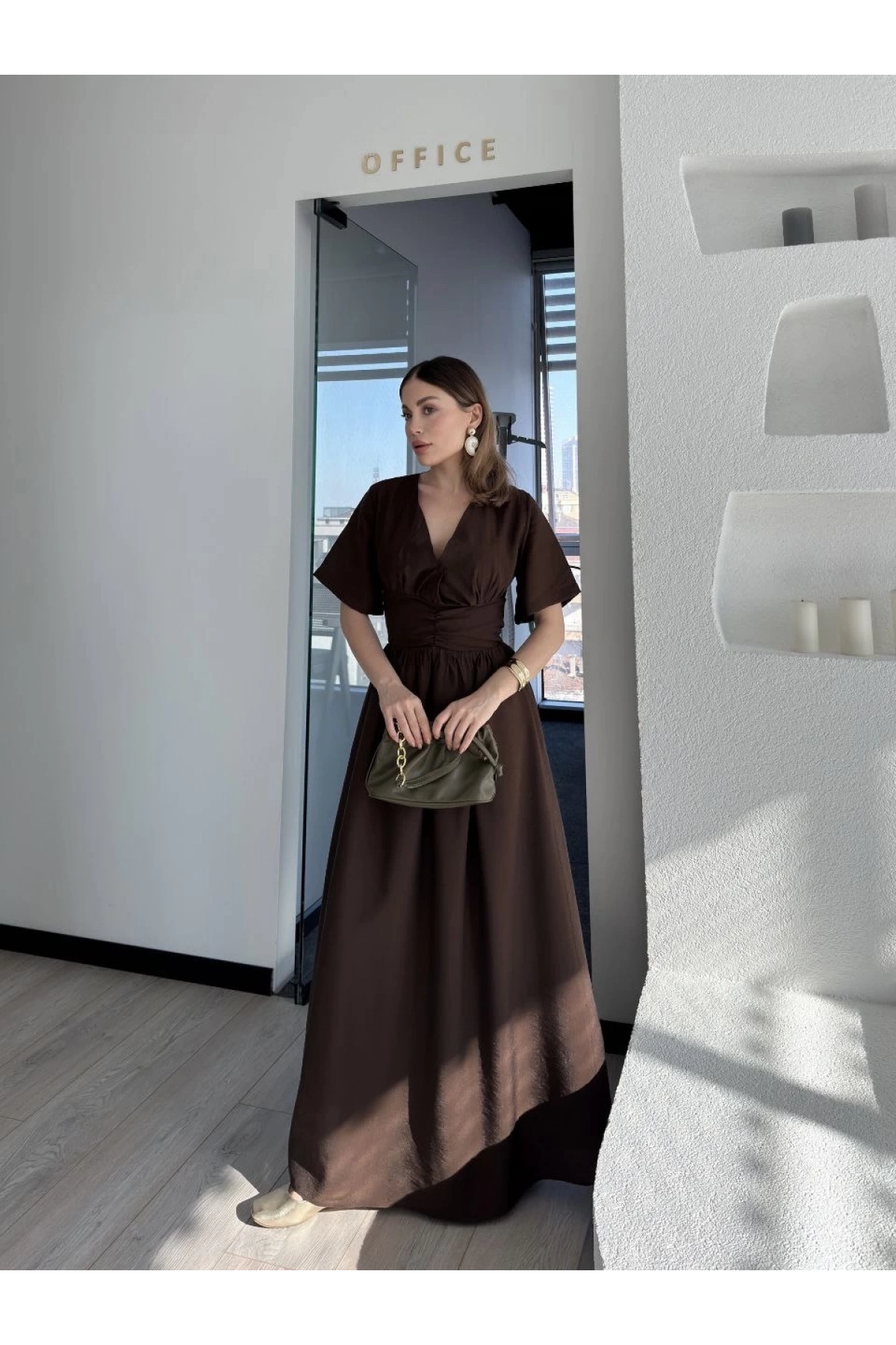 Kısa Kollu Uzun Elbise - Kahve