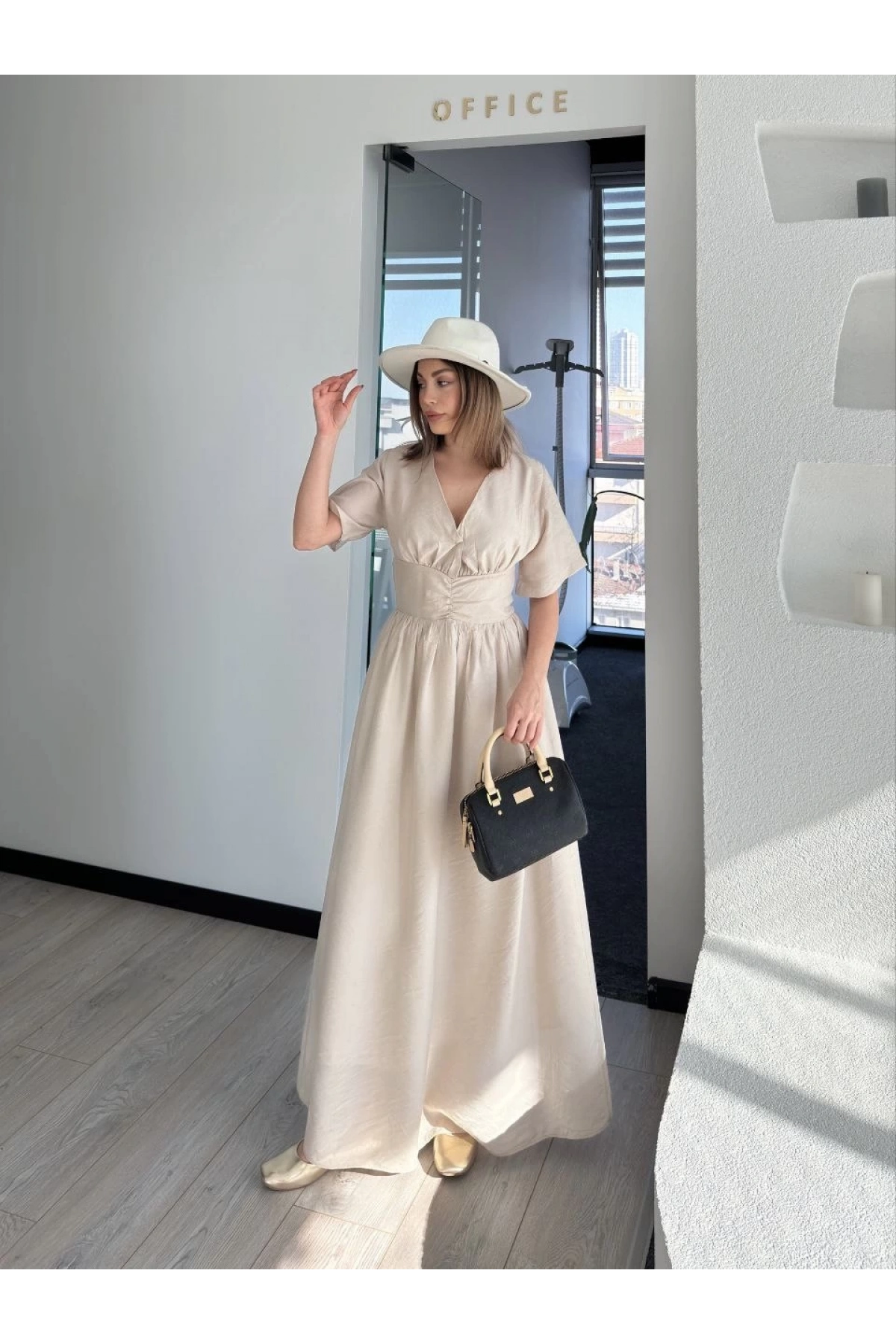 Kısa Kollu Uzun Elbise - Kırık Beyaz