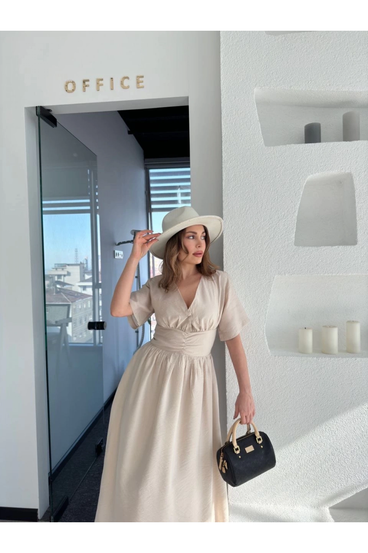 Kısa Kollu Uzun Elbise - Kırık Beyaz