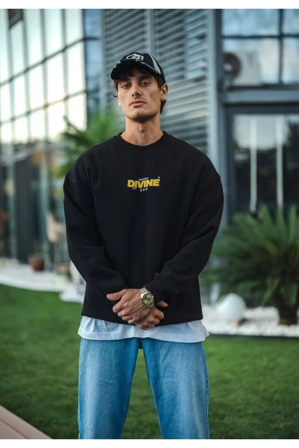 Kışlık Bisiklet Yaka Baskılı SweatShirt - Siyah