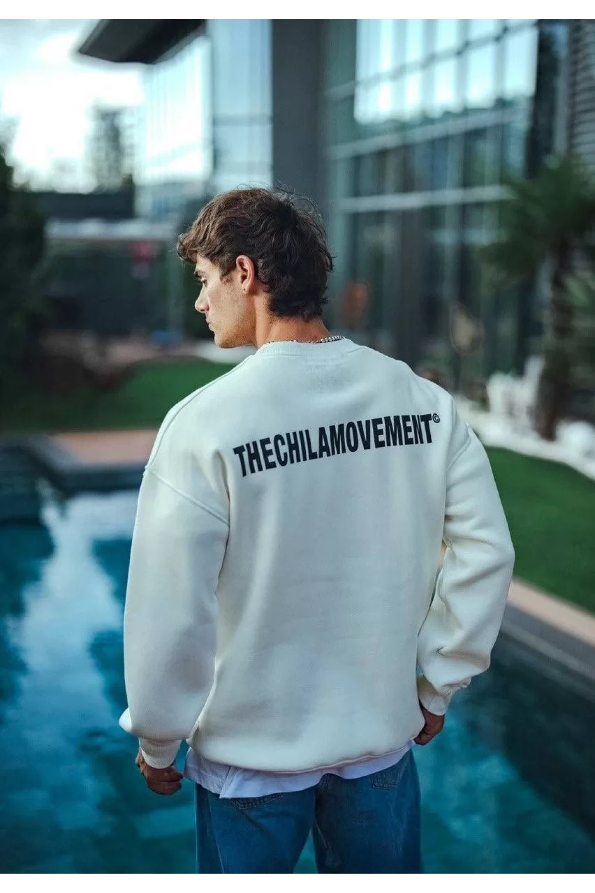 Kışlık Bisiklet Yaka Oversize Baskılı SweatShirt - Beyaz