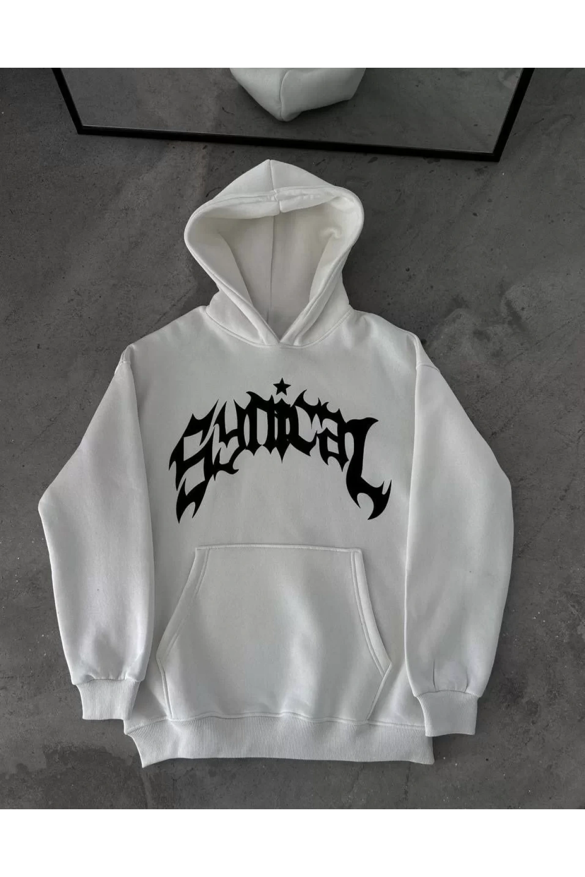 Kışlık Kapüşonlu Baskılı Oversize SweatShirt- Beyaz