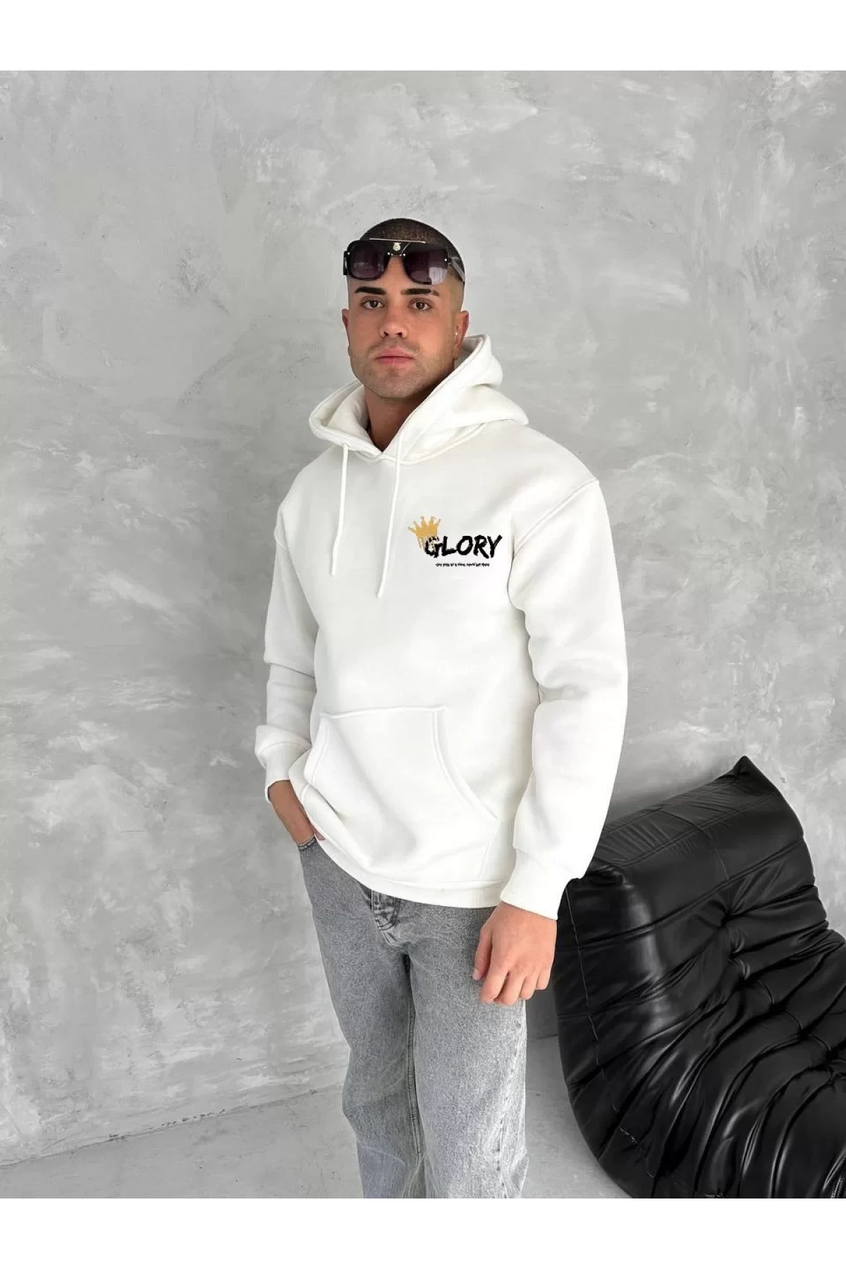 Kışlık Üç İplik Kapüşonlu SweatShirt - Beyaz