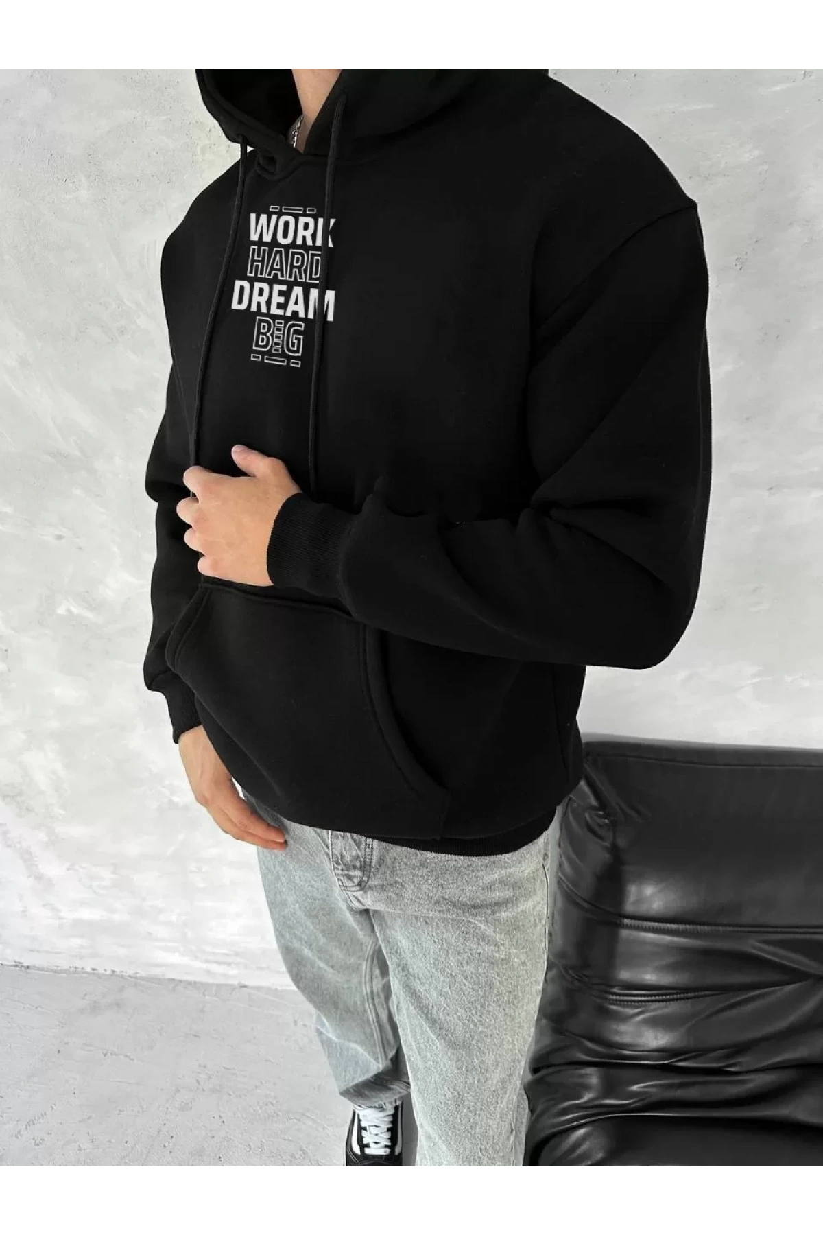 Kışlık Üç İplik Kapüşonlu SweatShirt - Siyah