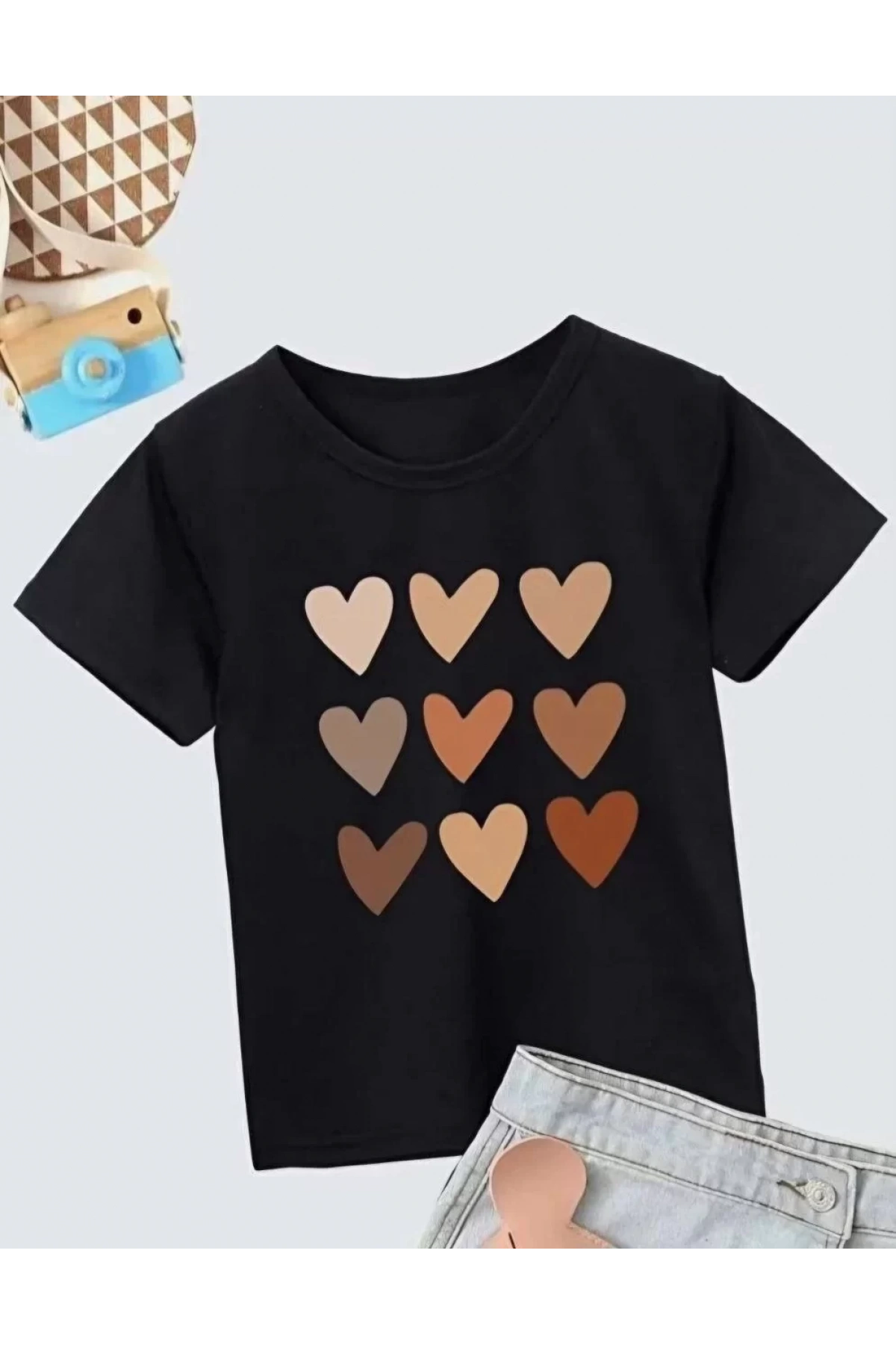 Kız Çocuk Bisiklet Yaka Baskılı T-Shirt - Siyah