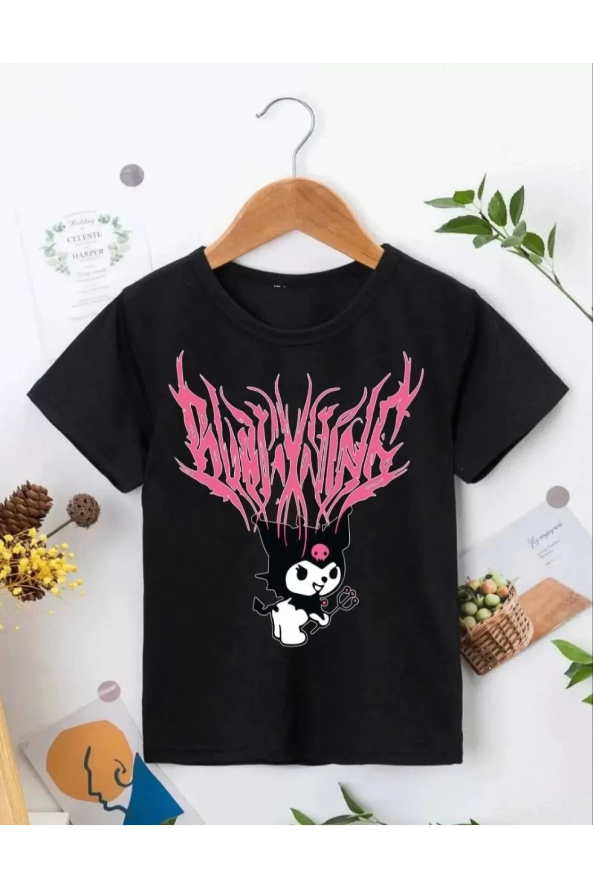 Kız Çocuk Bisiklet Yaka Baskılı T-Shirt - Siyah