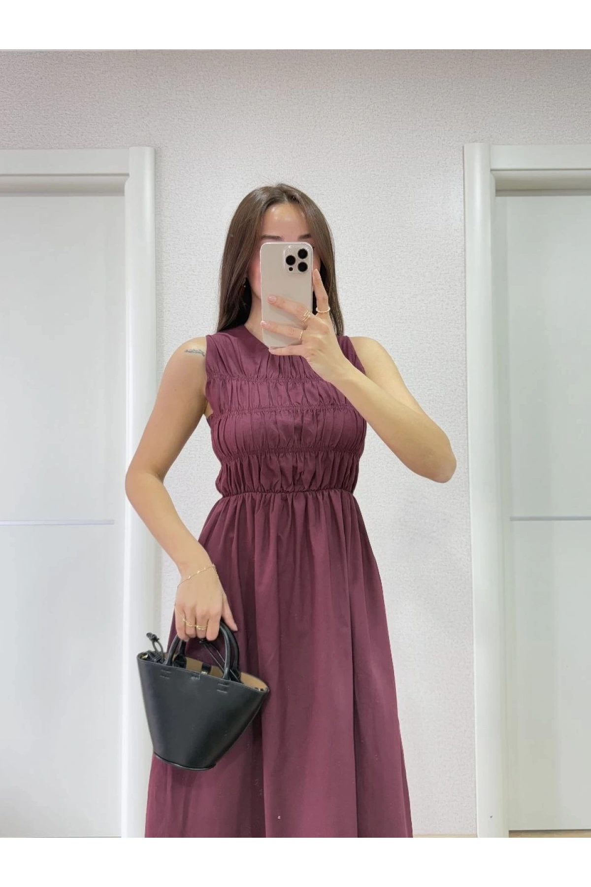 Kolsuz Göğüs Lastıklı %100 Poplin Uzun Elbise - Bordo